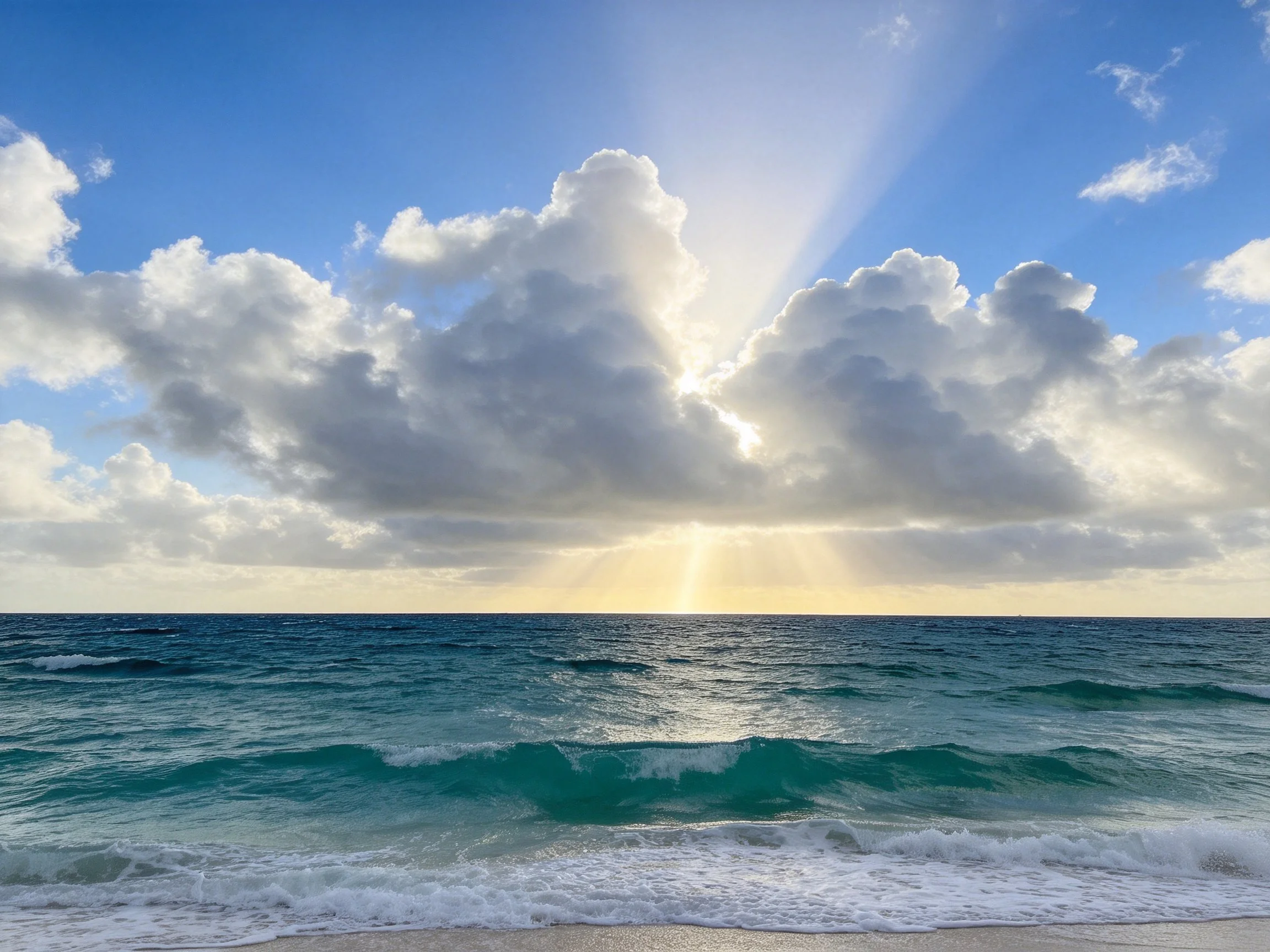 Turquoise ocean waves and sandy shore under dramatic cloudy sky