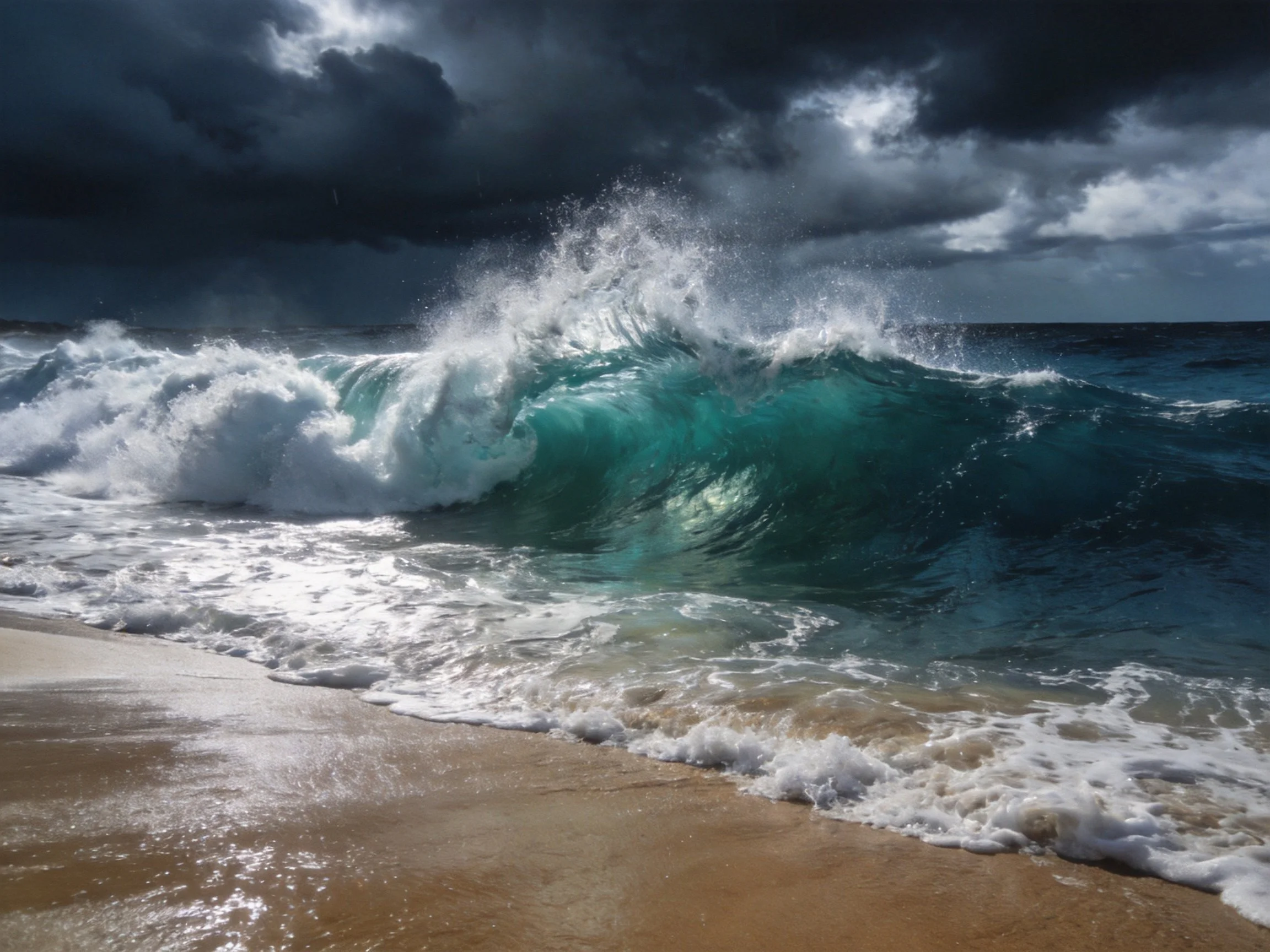 Turquoise ocean waves crash against sandy shore under stormy skies