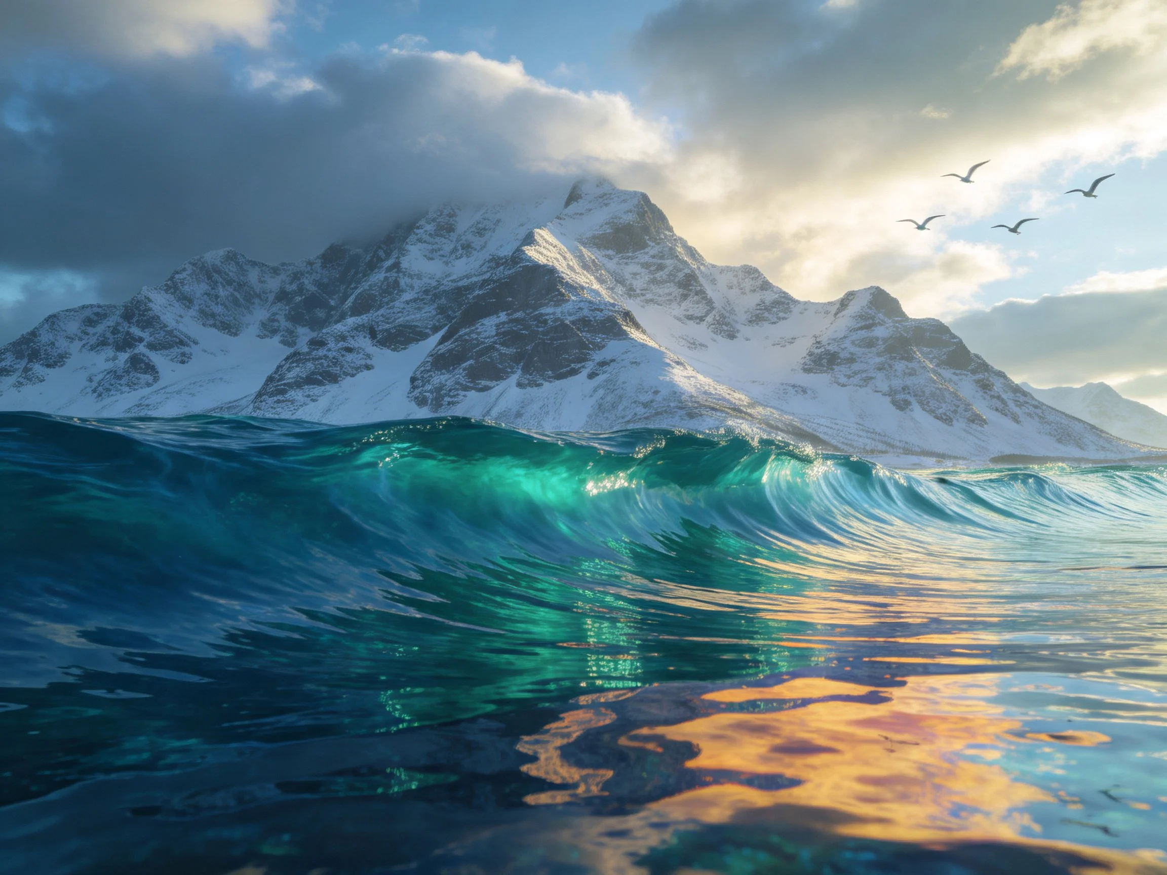 Turquoise ocean waves crash near snow-capped mountain peaks