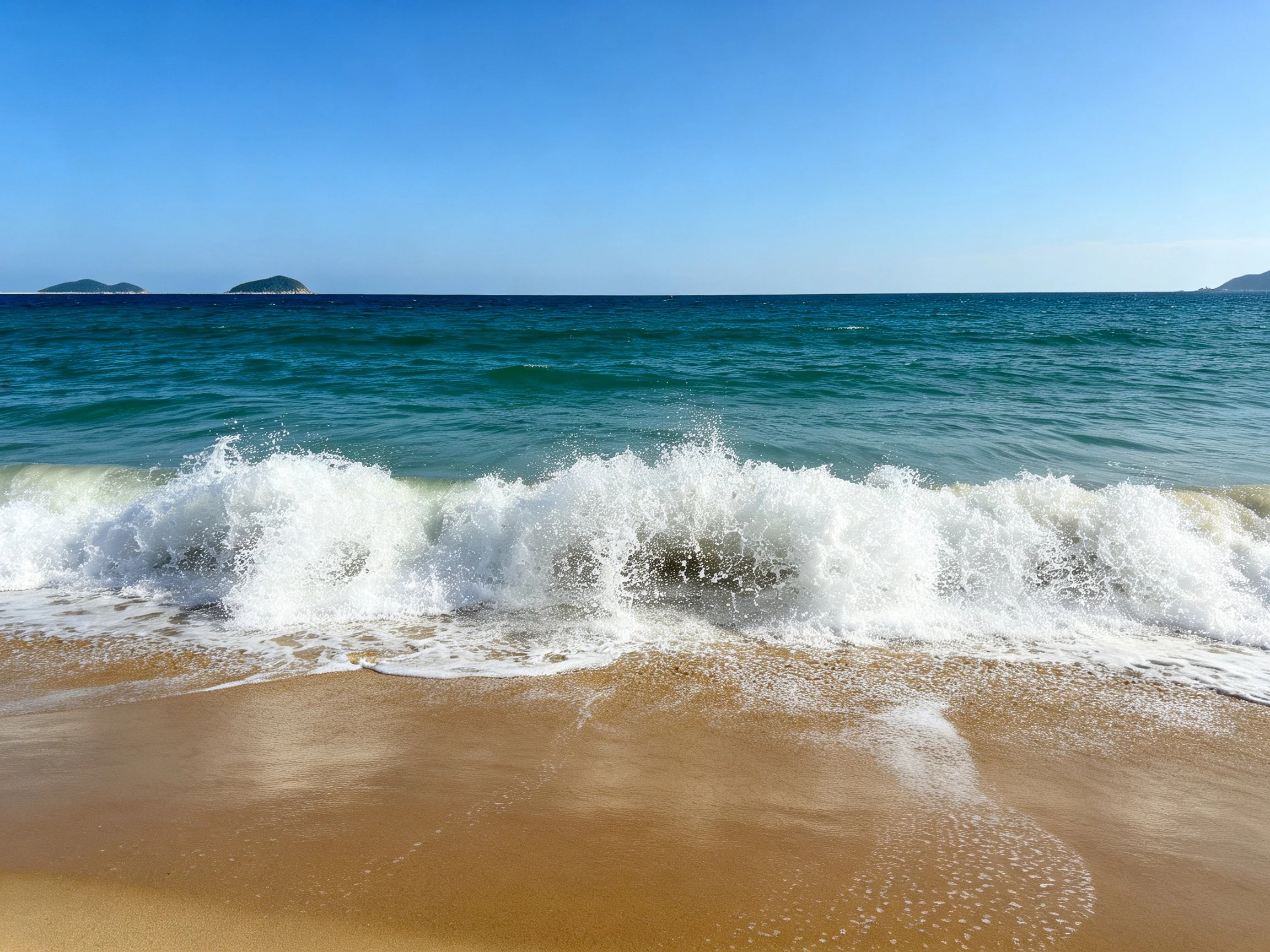 Turquoise ocean waves crash on golden sandy beach