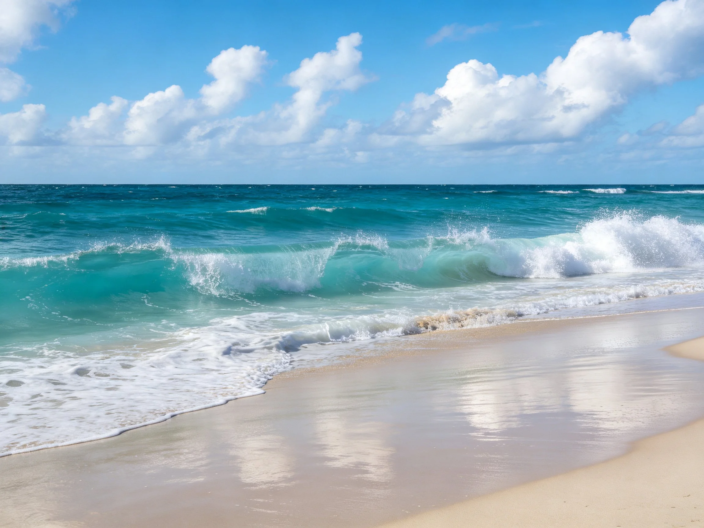 Turquoise ocean waves crash onto a sandy shore under bright blue skies