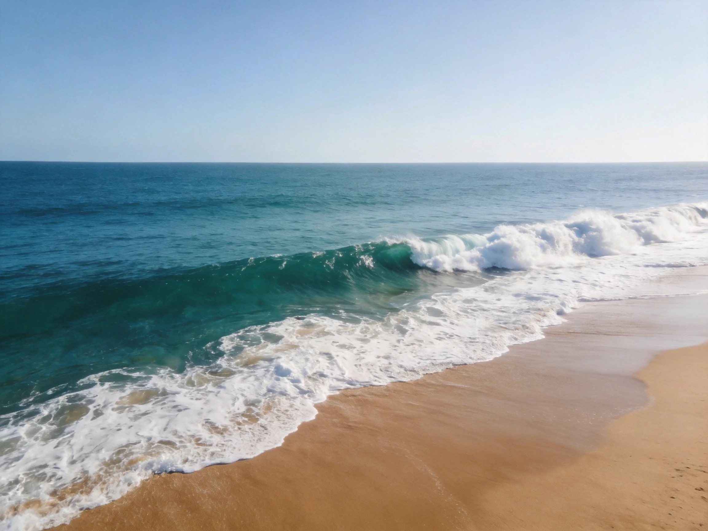 Turquoise ocean waves crash onto golden sandy shore under bright blue sky
