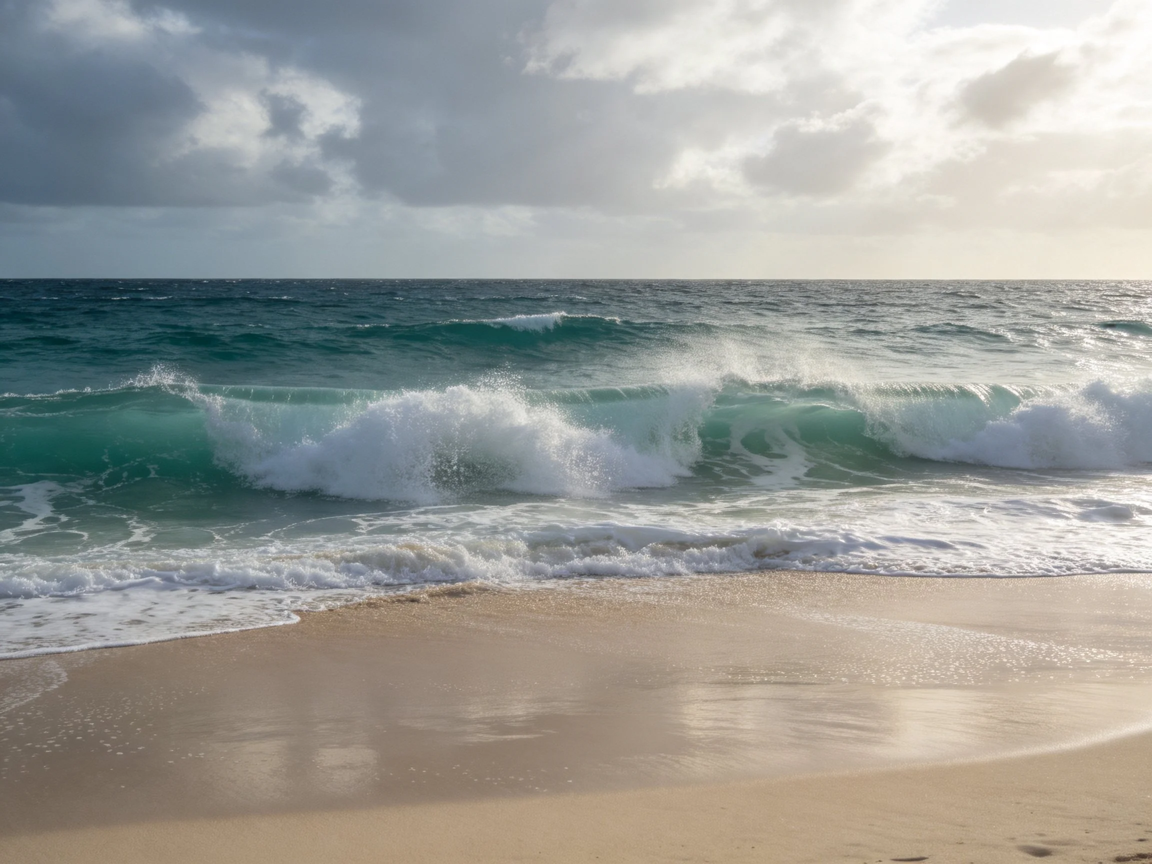 Turquoise ocean waves crash onto golden sandy shore under moody clouds