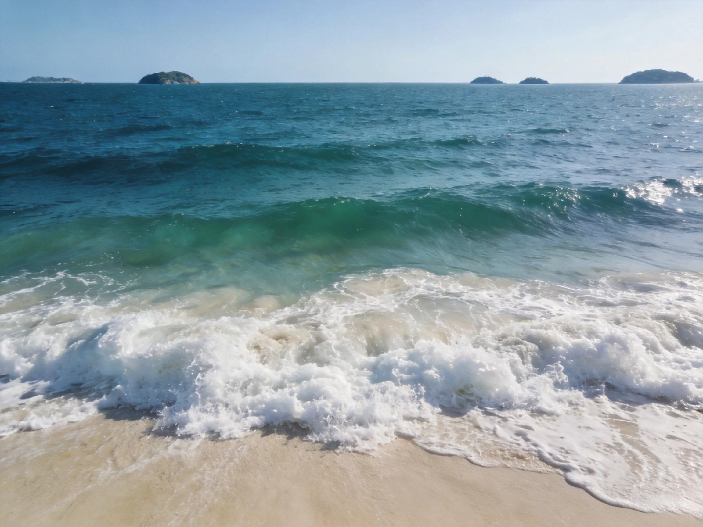 Turquoise ocean waves crash onto sandy shore with distant islands