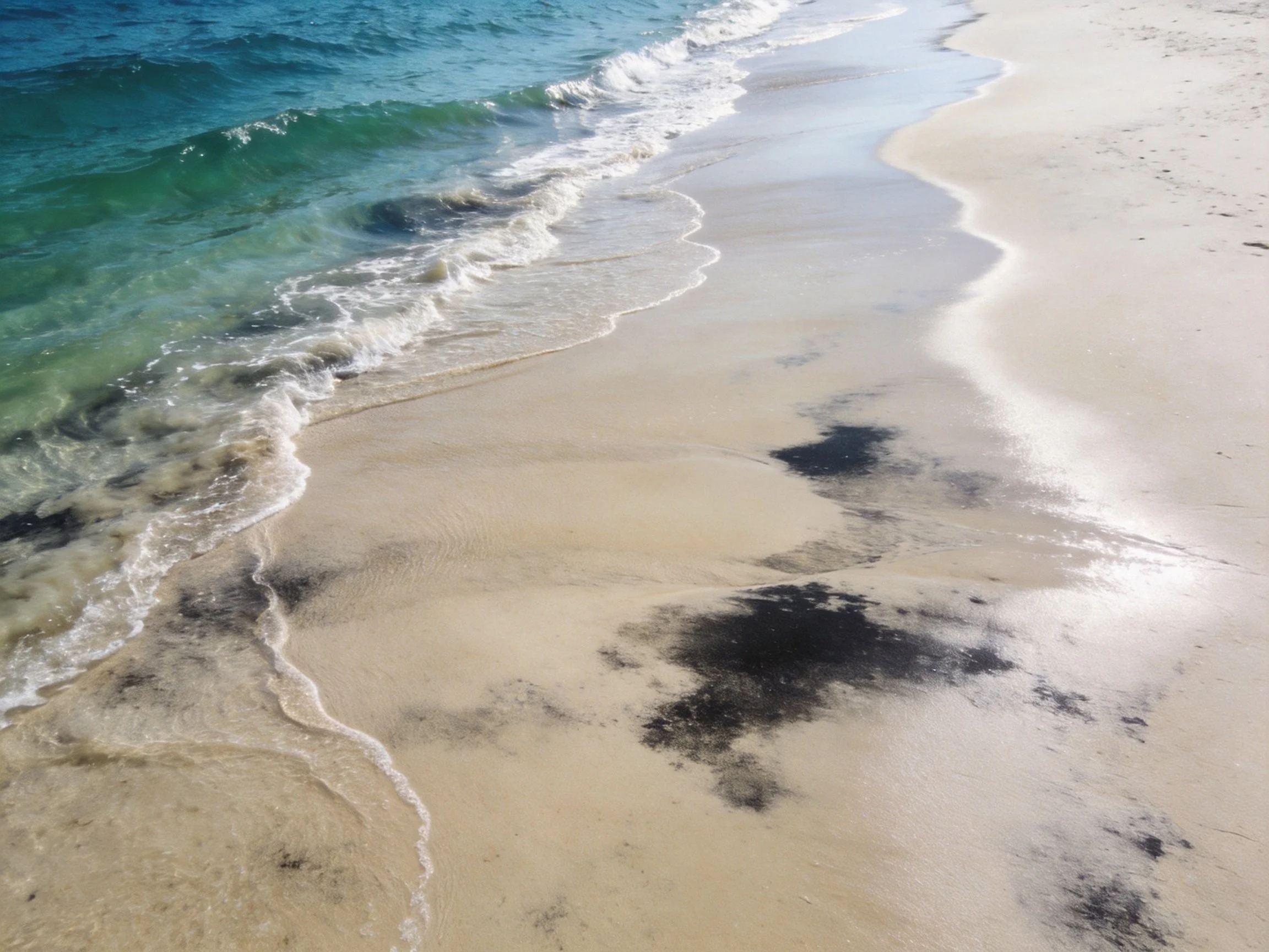 Turquoise ocean waves meet creamy sand with dark patches