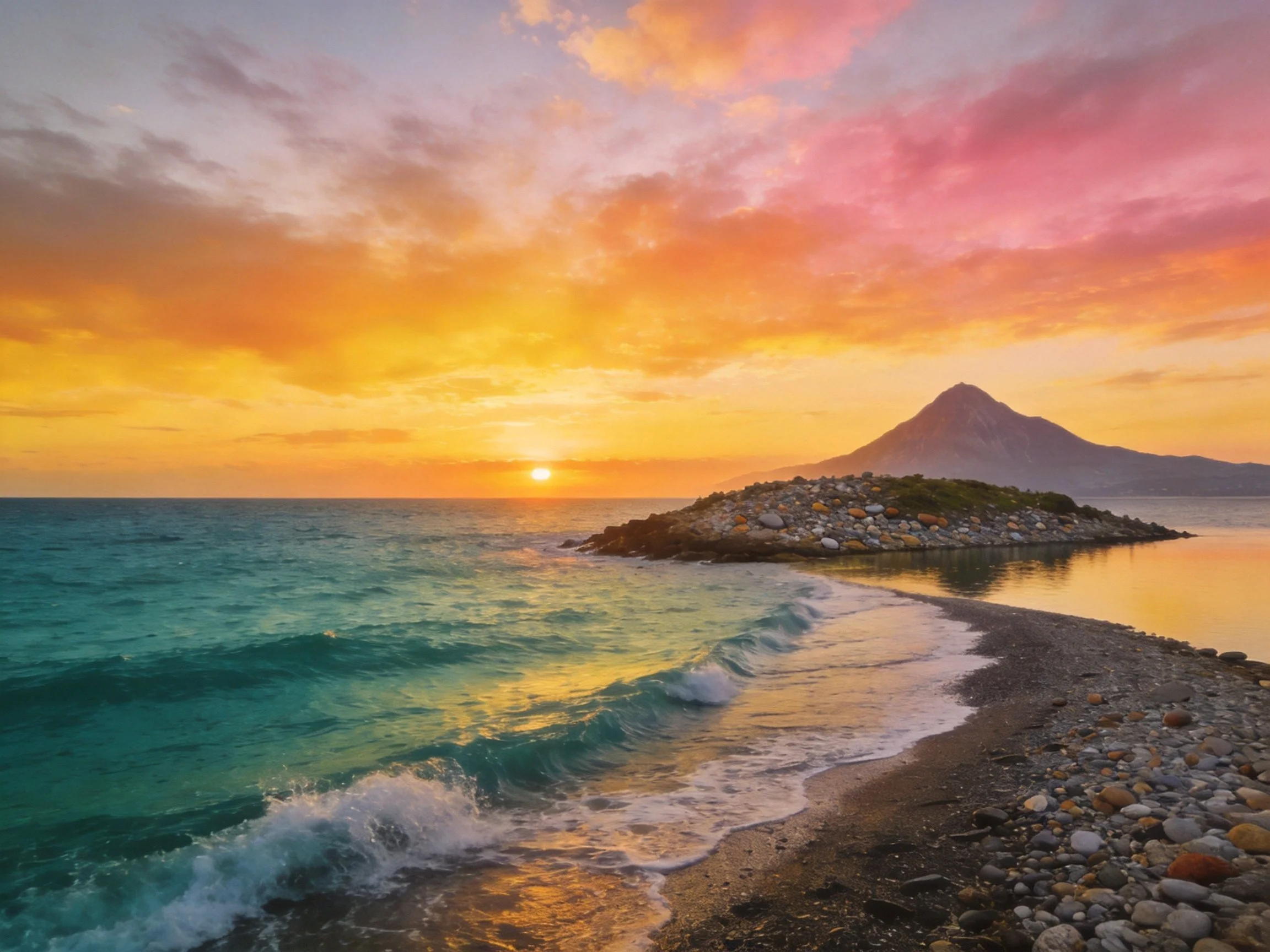Turquoise ocean waves meet rocky shore under vibrant sunset sky