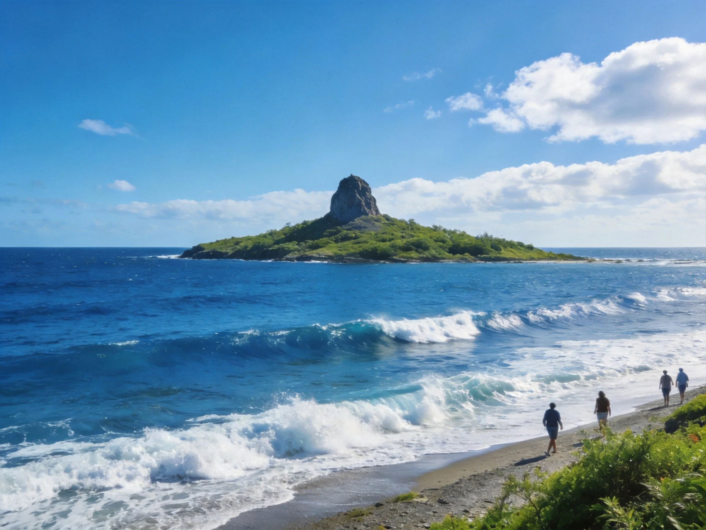 Turquoise ocean waves near a sandy shore with a rocky island