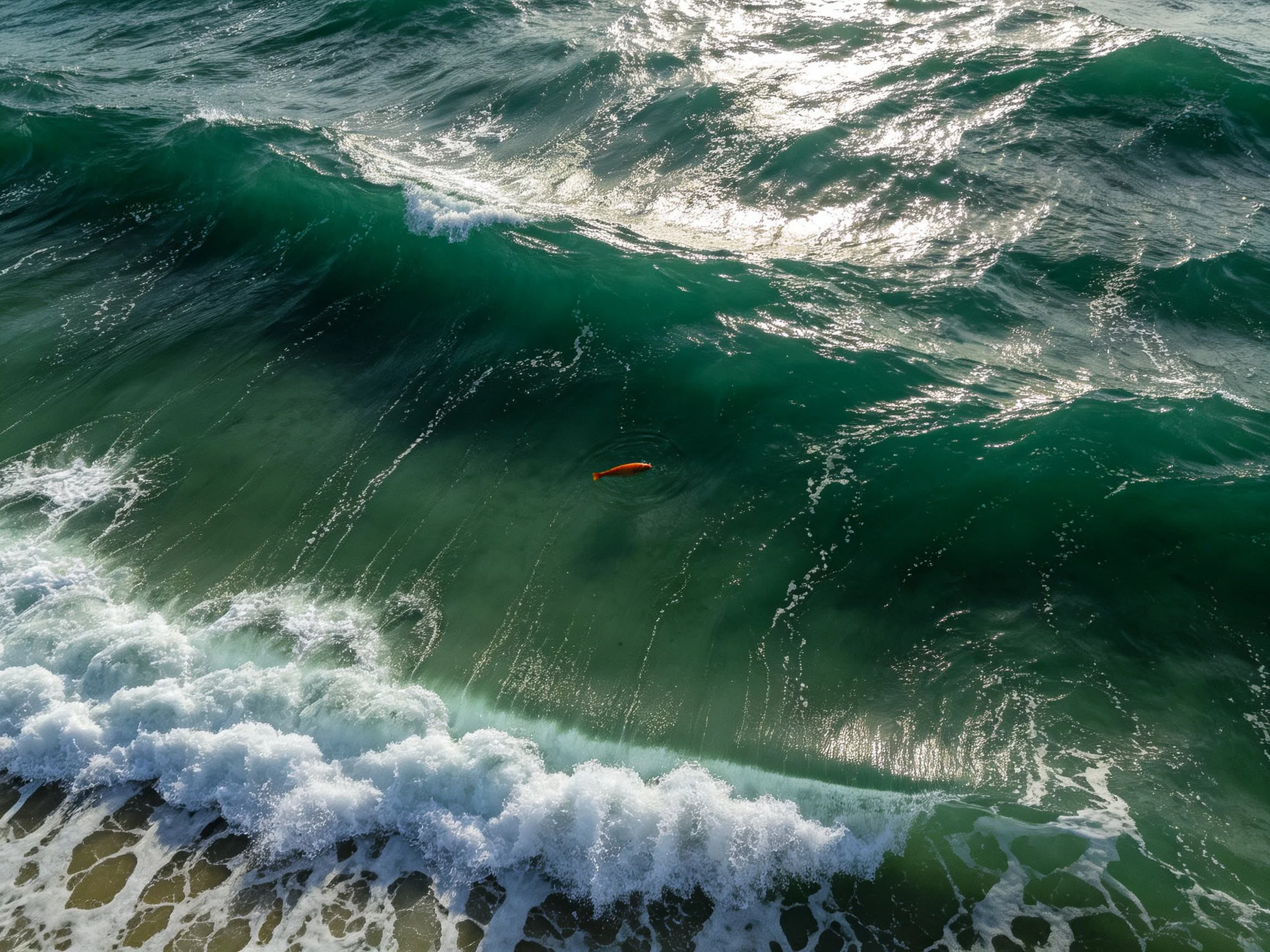 Turquoise ocean waves with an orange object in the surf