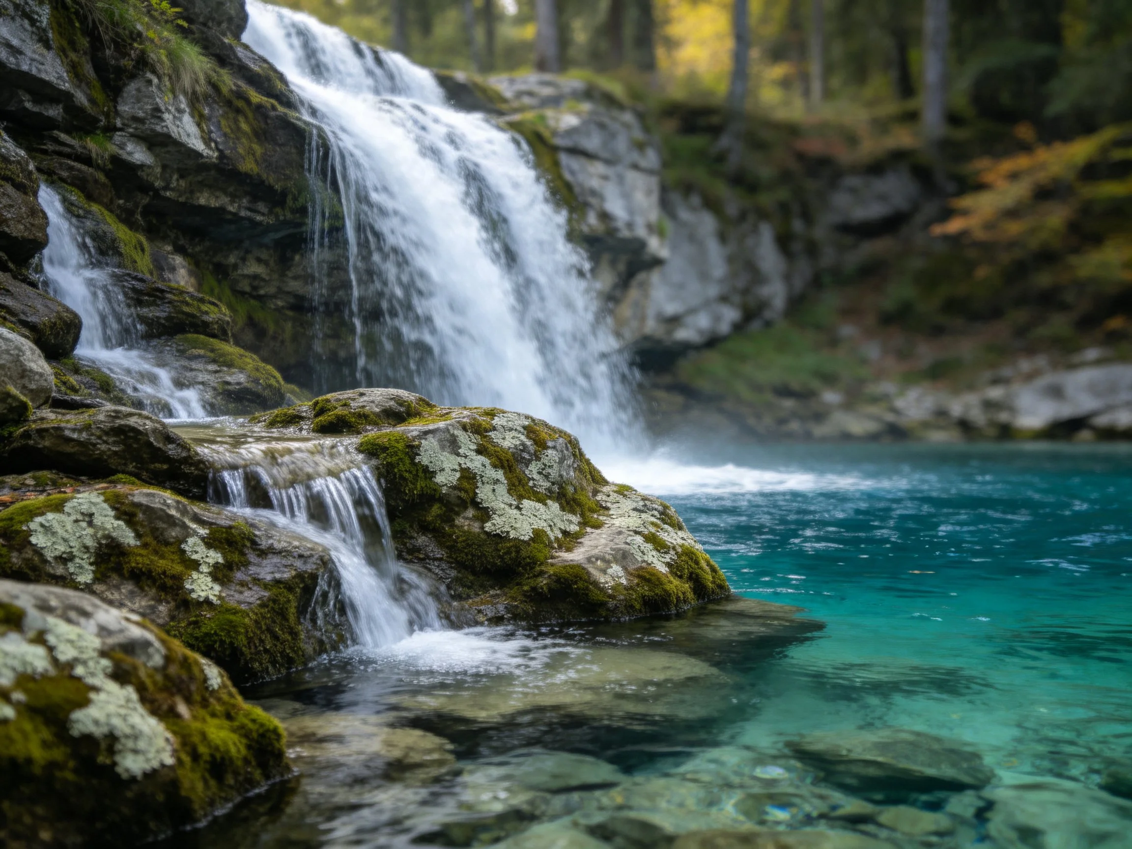 Turquoise pool beside cascading waterfall with mossy rocks