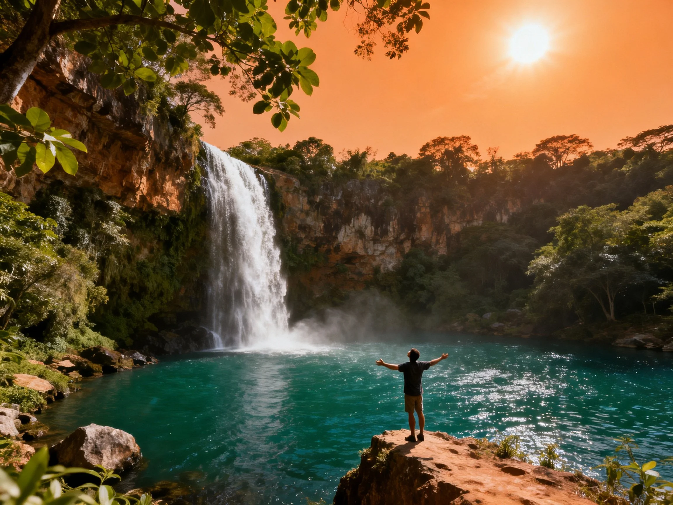 Turquoise pool beside waterfall with person under orange sunset sky