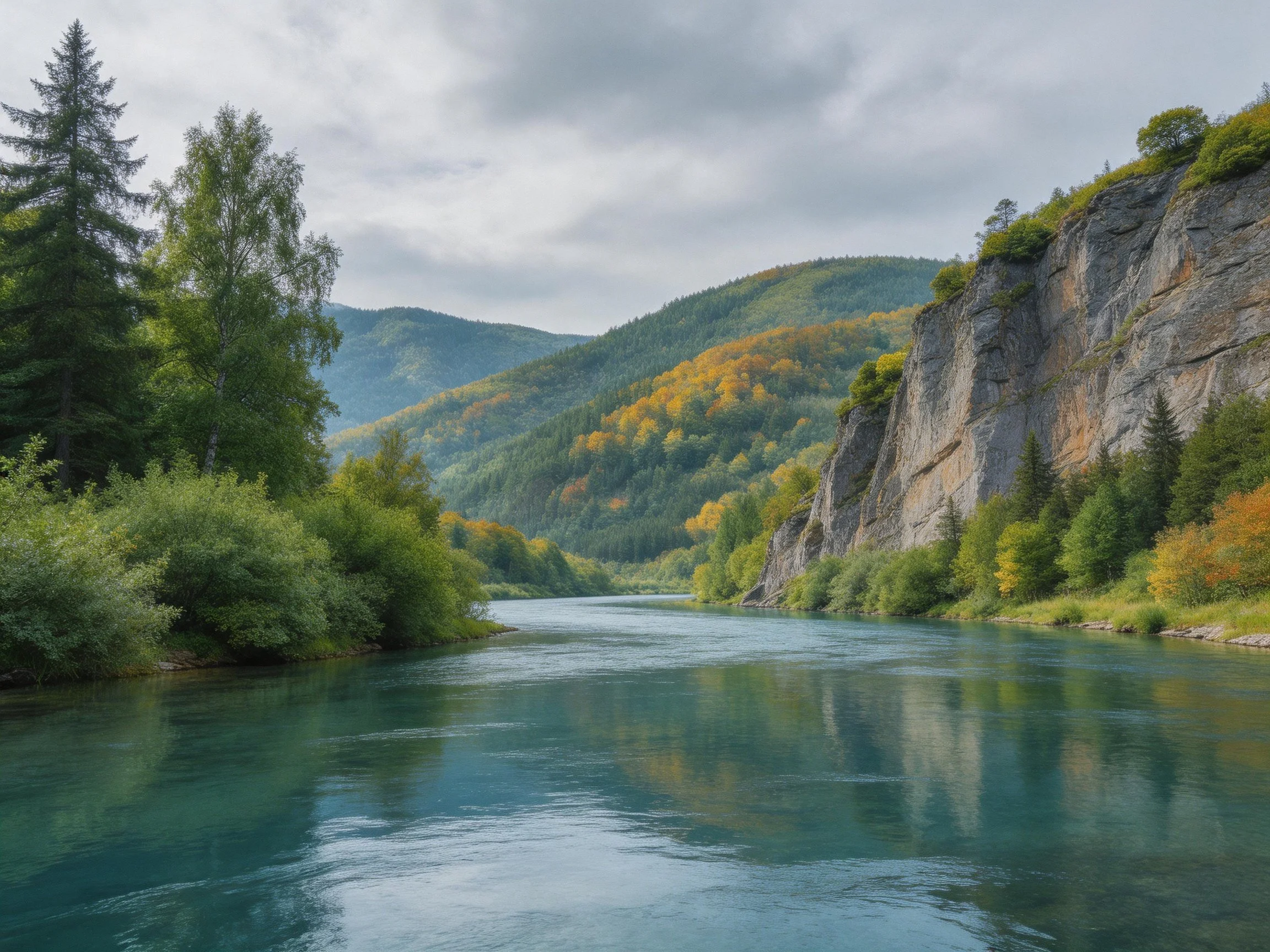 Turquoise river flows beside rocky cliffs and forested mountains