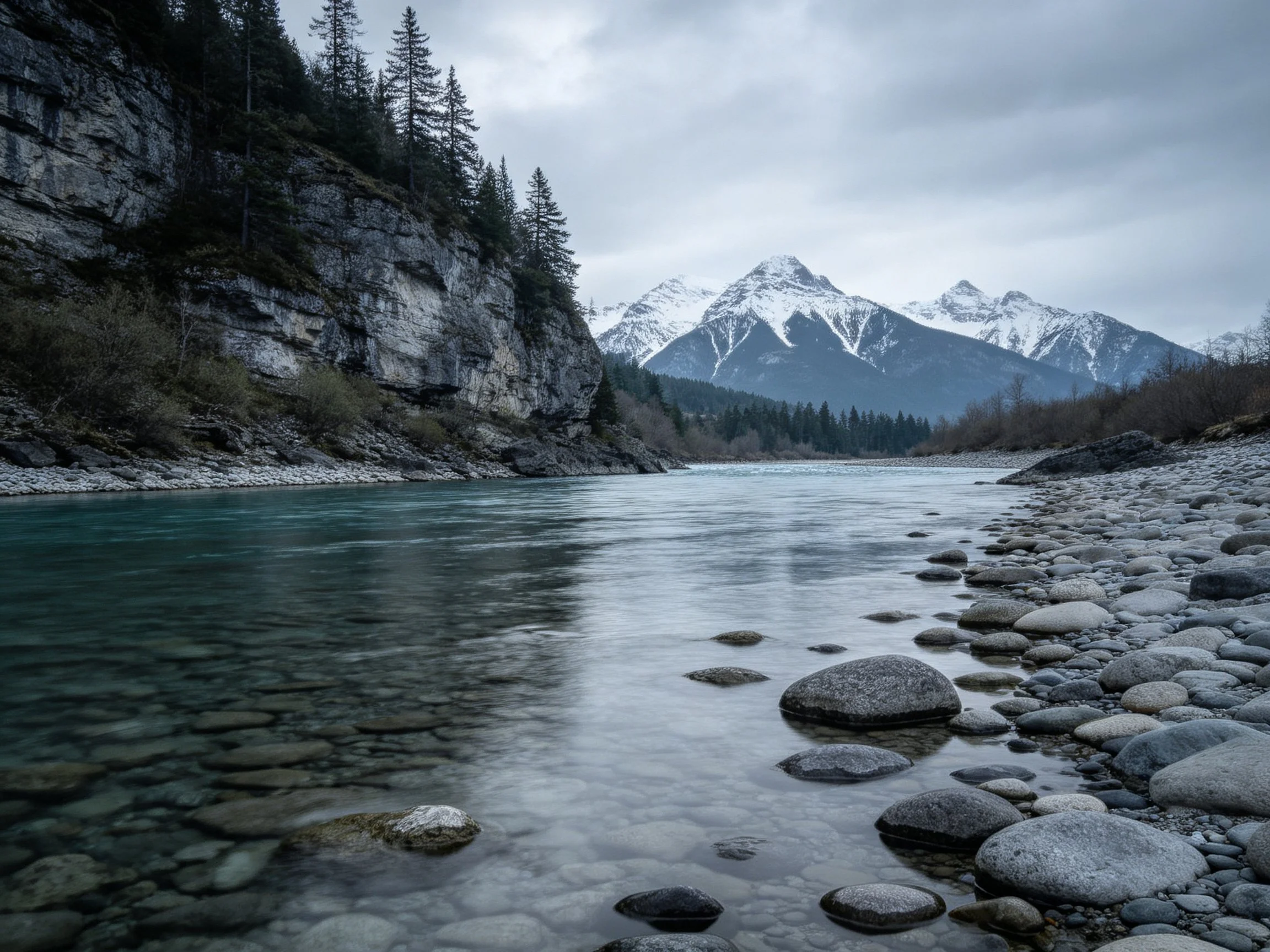 Turquoise river flows past rocky banks and snow - capped mountains
