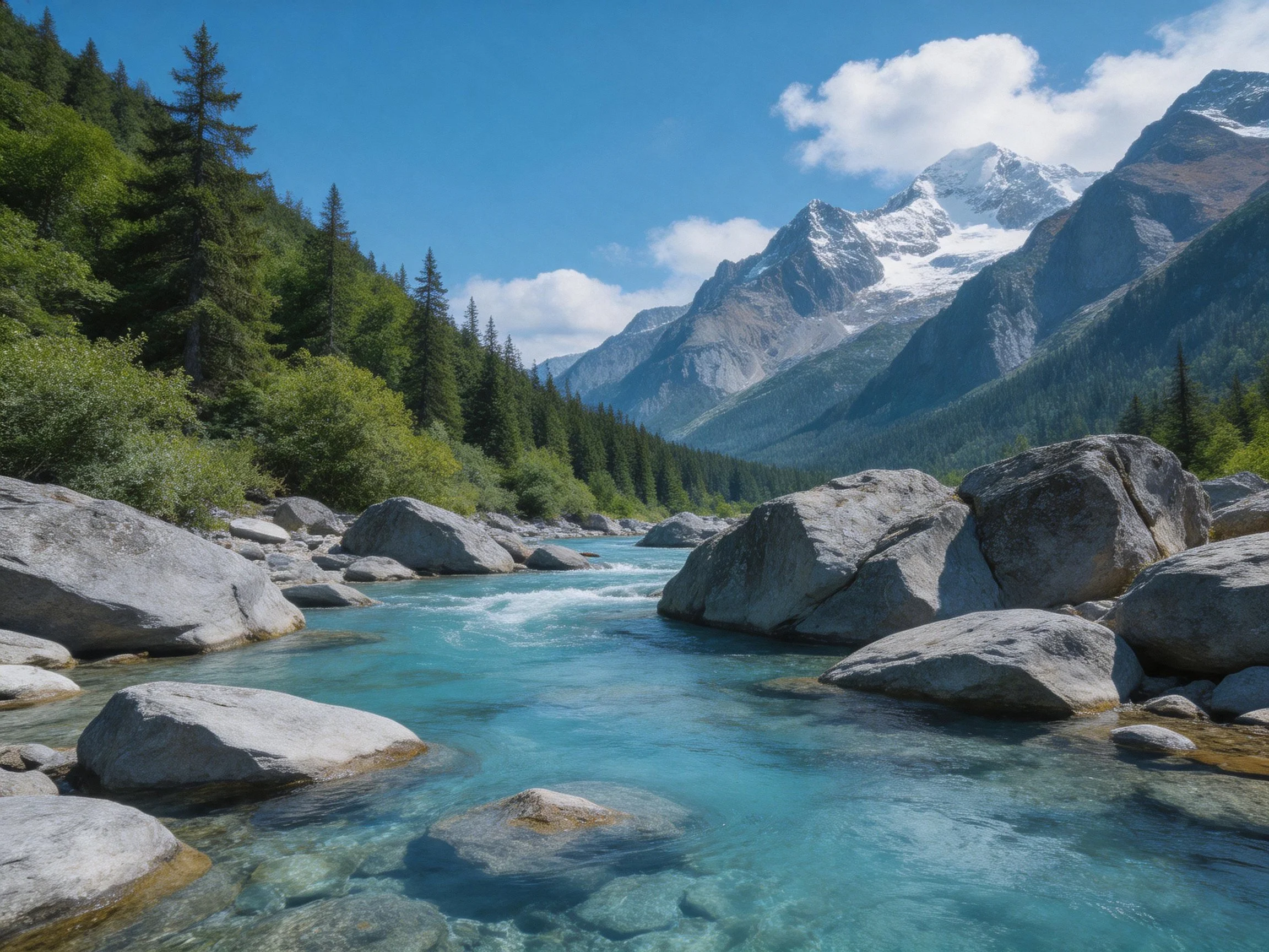 Turquoise river flows through rocky stream bed near forested mountains