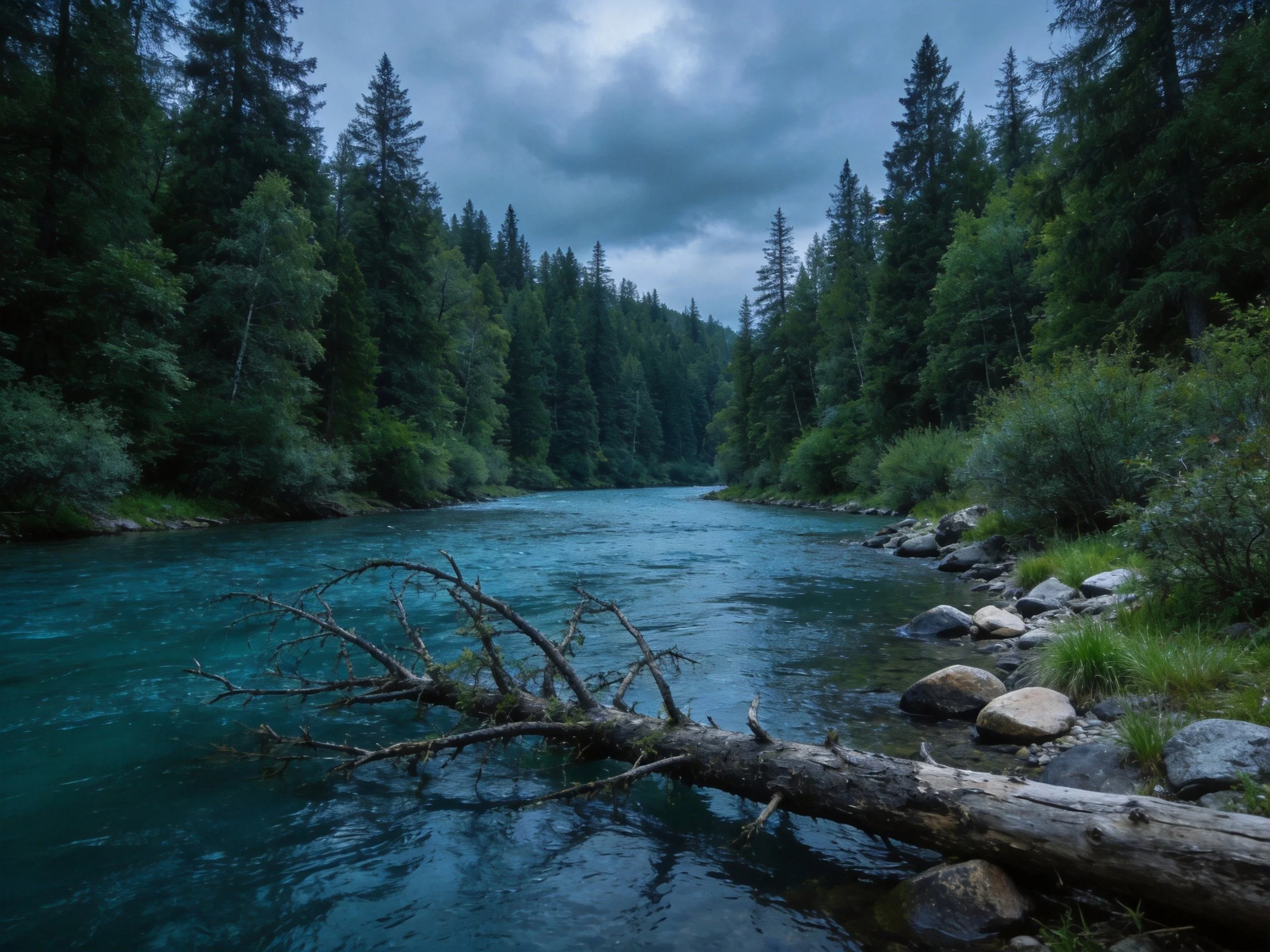 Turquoise river winds through dense forest under moody sky