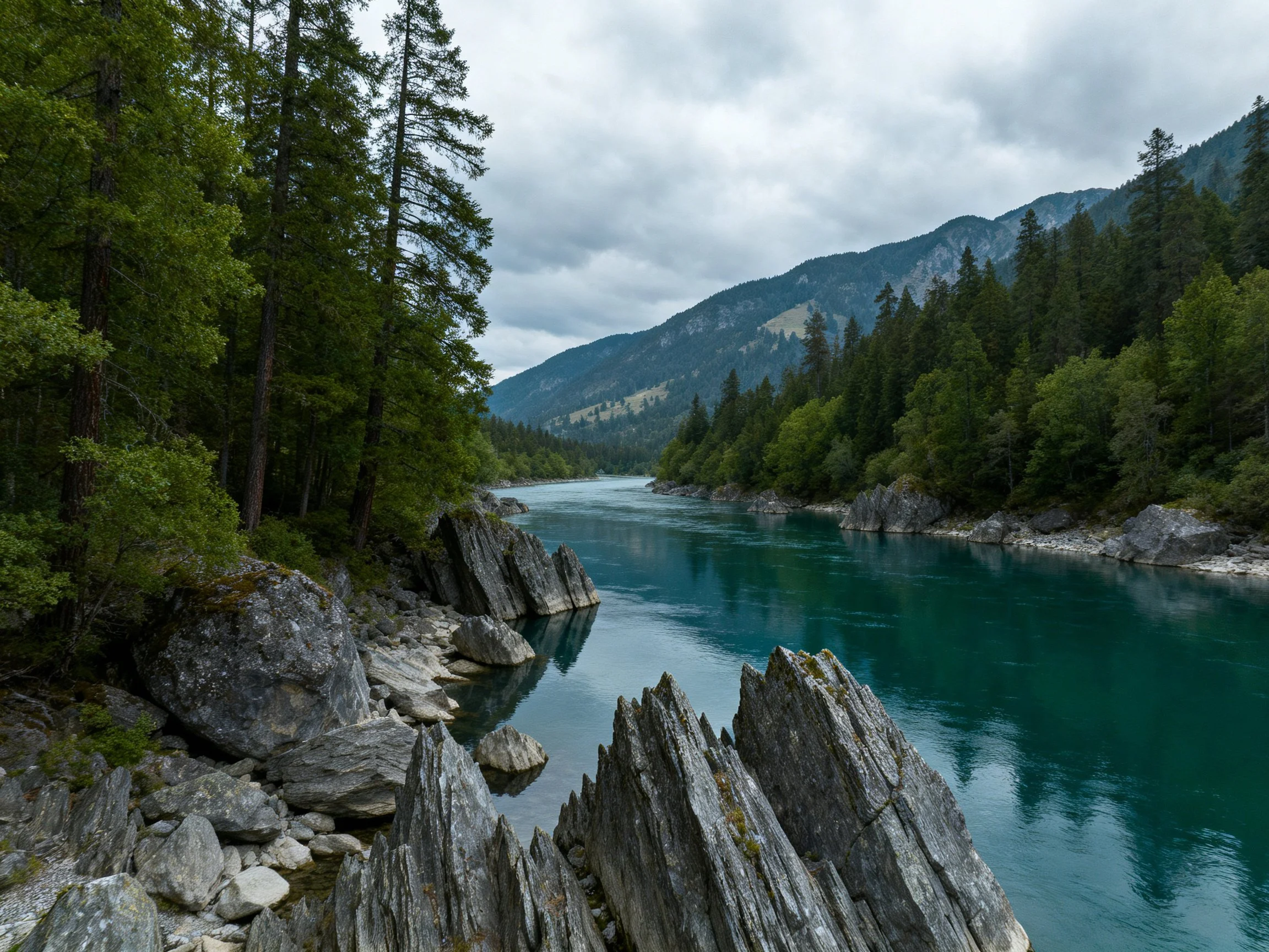 Turquoise river winds through jagged rocky cliffs and dense green forests