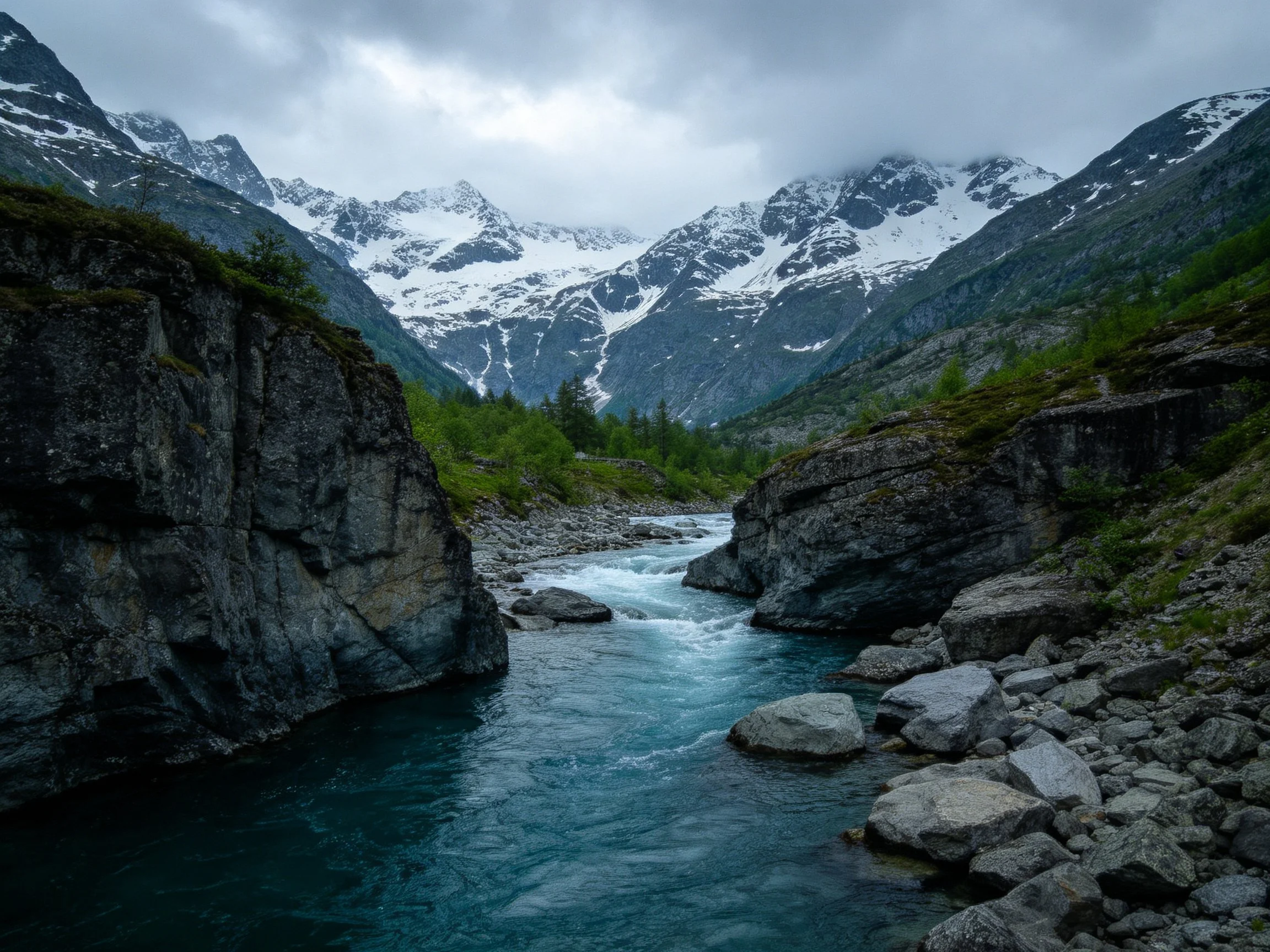 Turquoise river winds through rocky canyon near snow - capped mountains