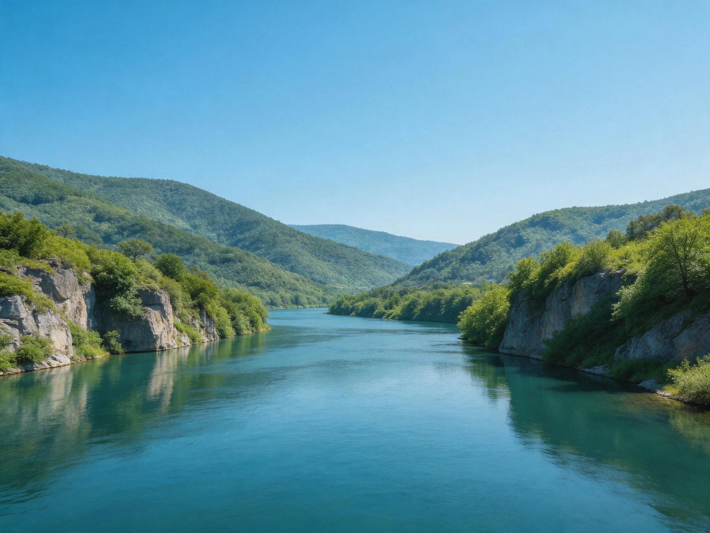 Turquoise river winds through rocky gorges with forested hills