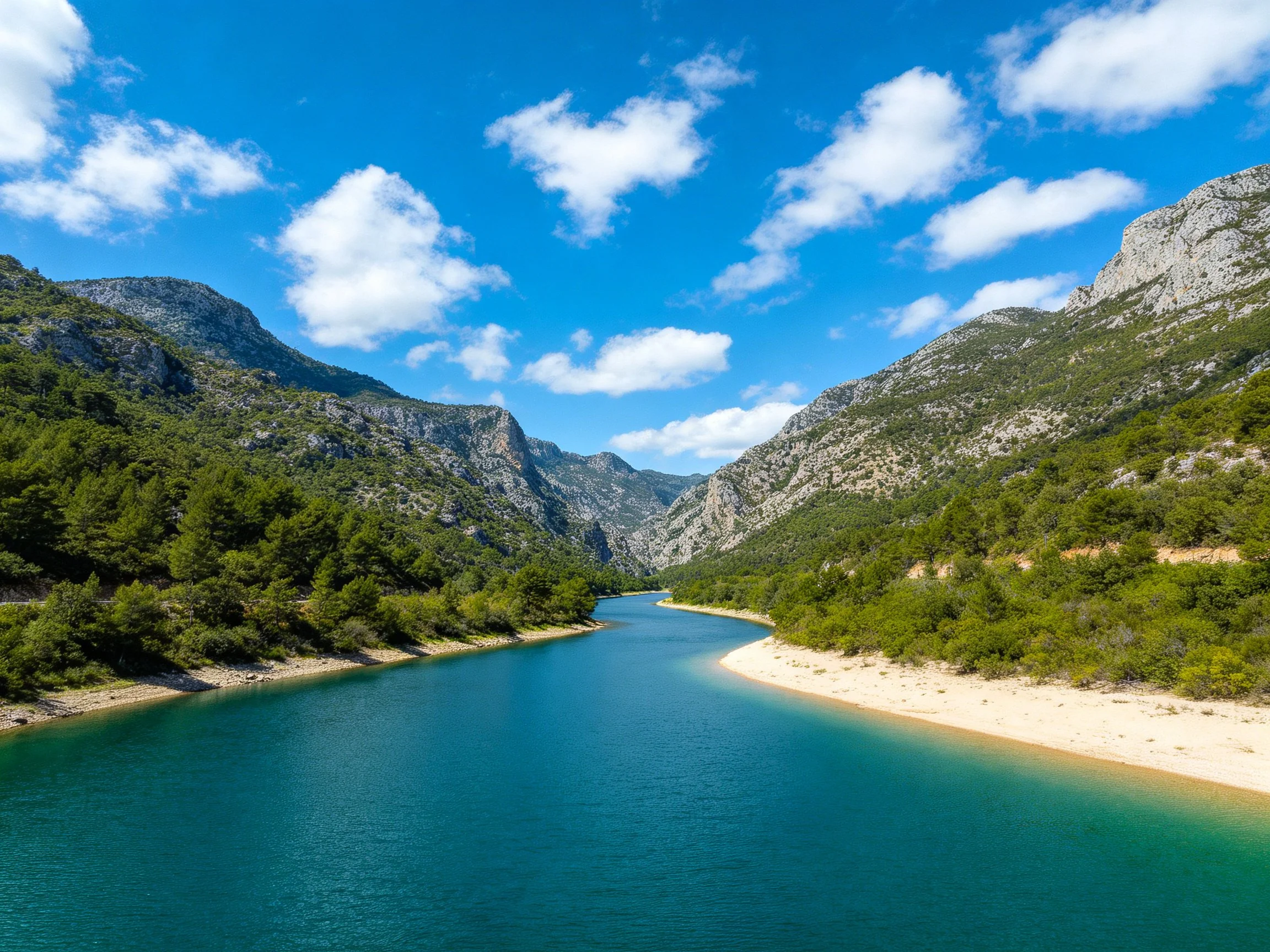 Turquoise river winds through verdant mountain gorge