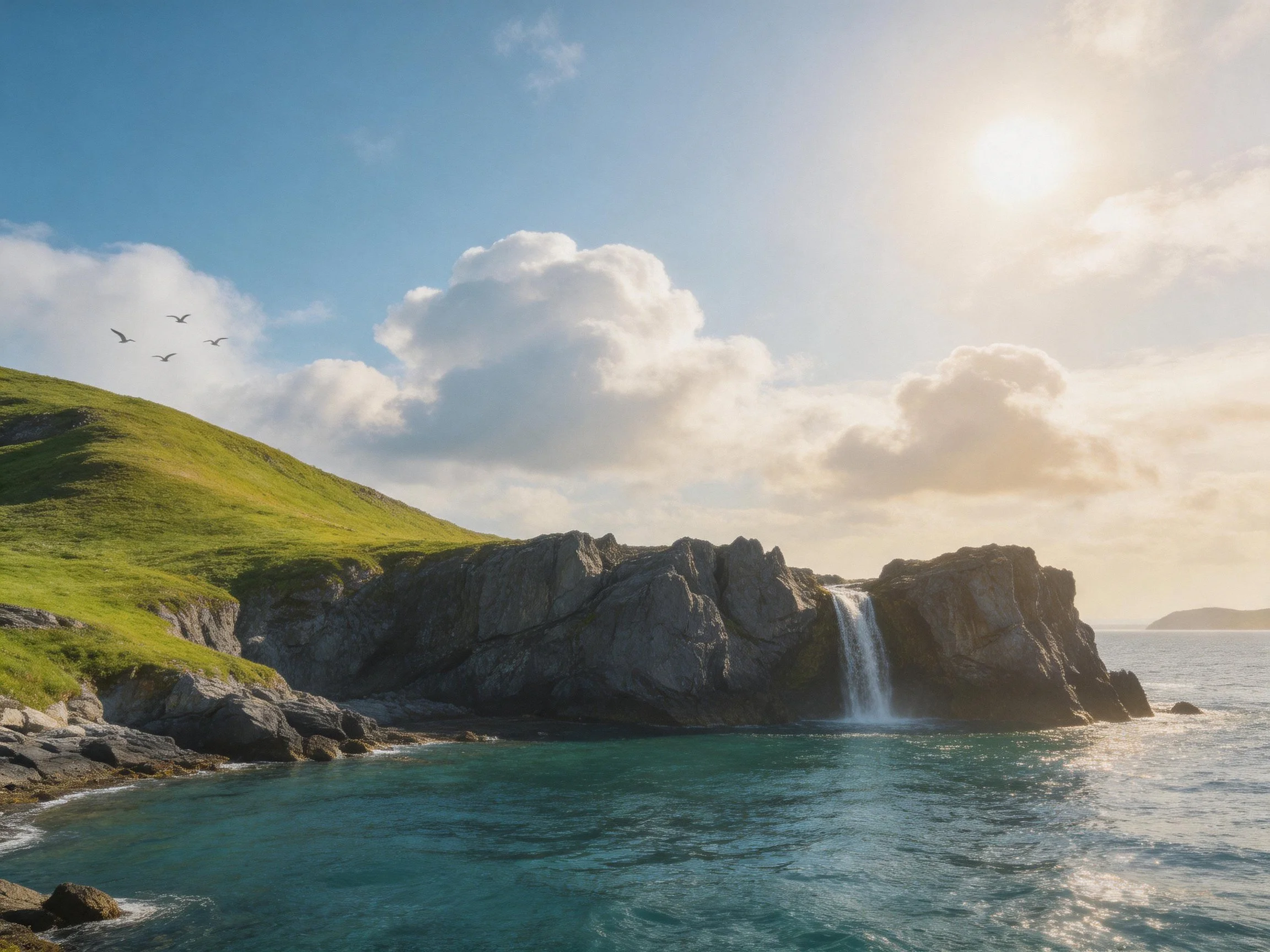 Turquoise sea meets rocky waterfall cliffs near green hill under sunny sky