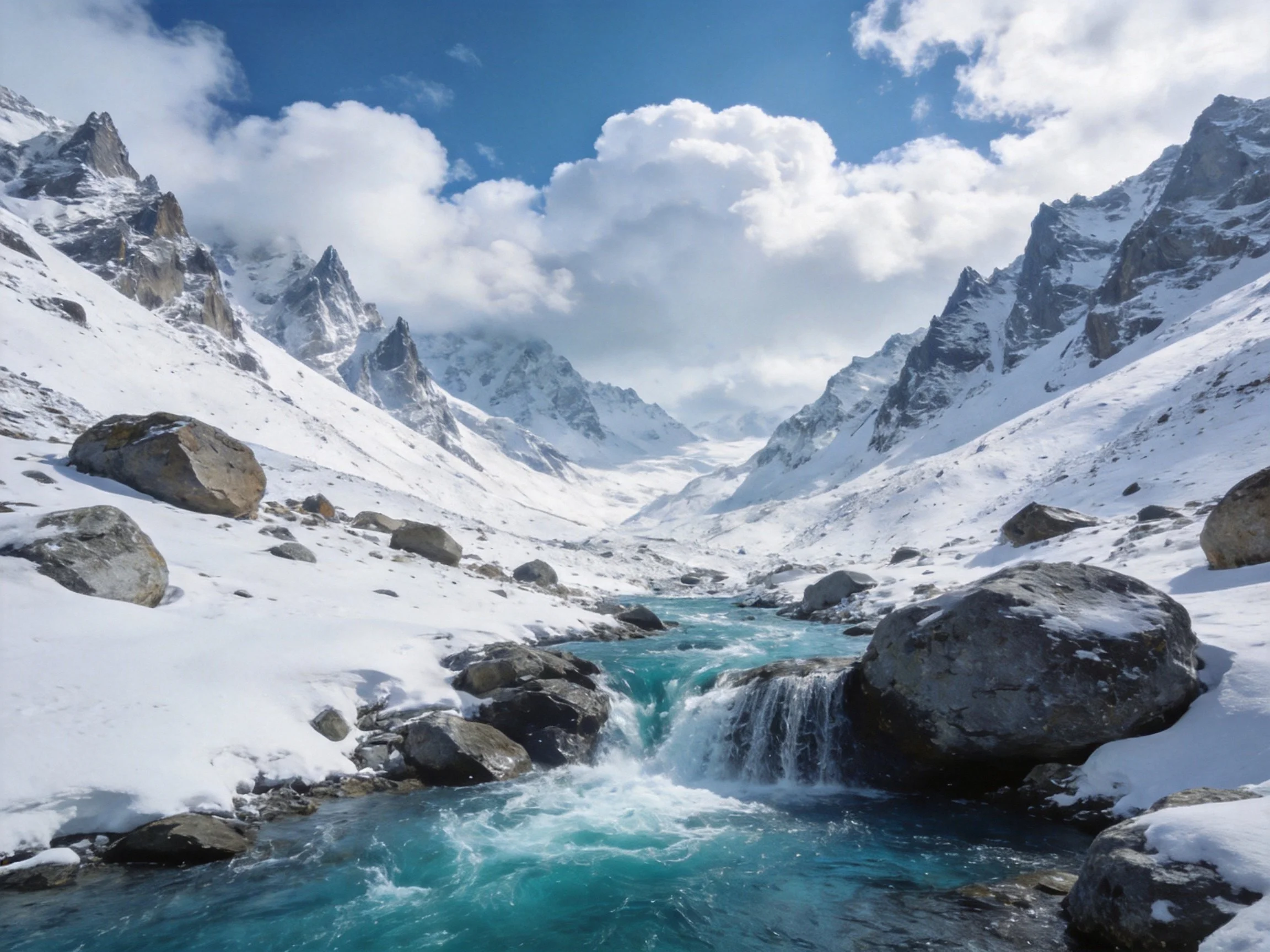 Turquoise stream flows through snowy mountain valley with rocky terrain