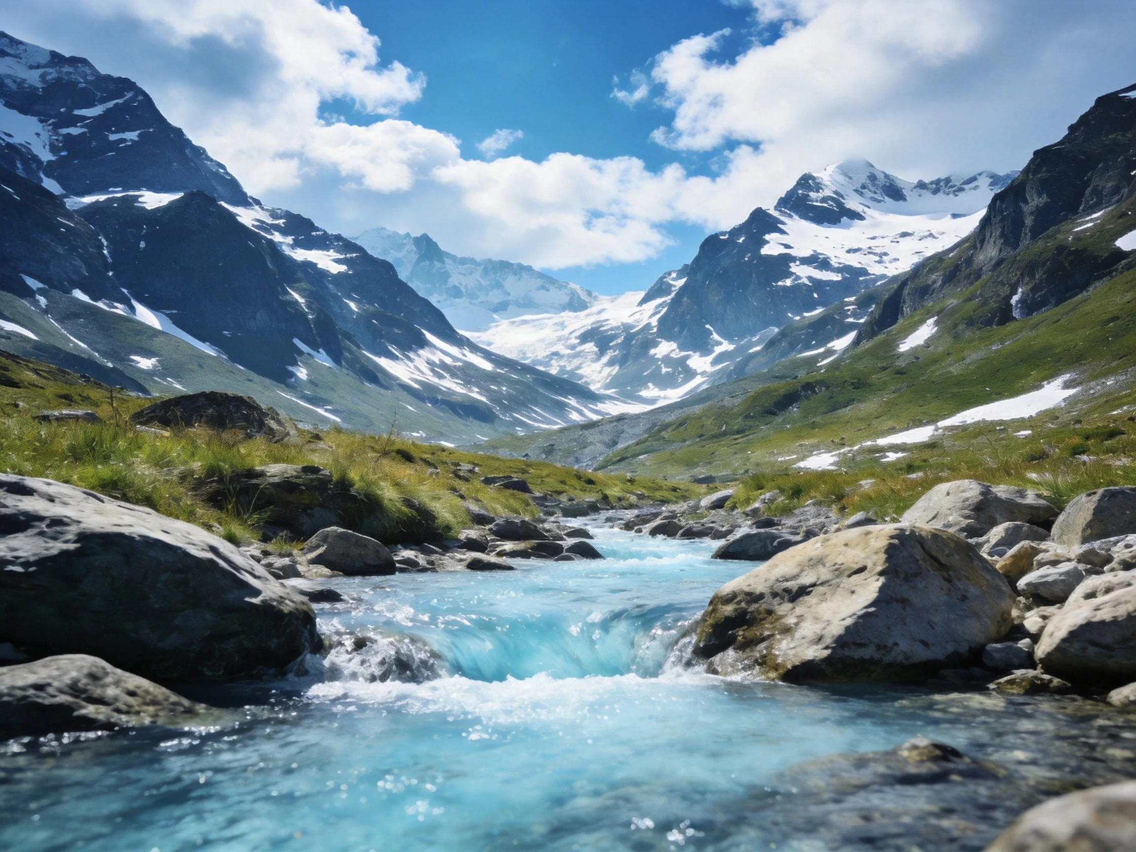 Turquoise stream winds through rocky valley near snow - draped mountain peaks