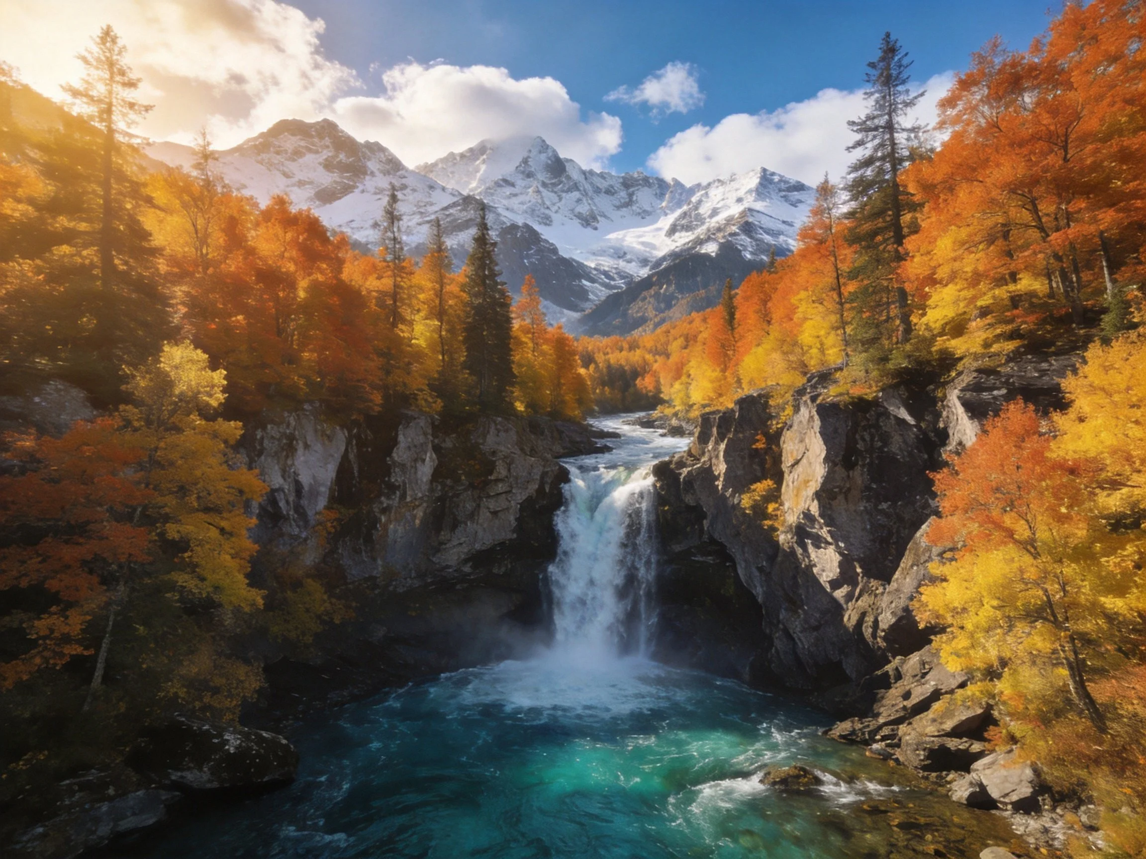 Turquoise waterfall amid autumn foliage and snow-capped peaks