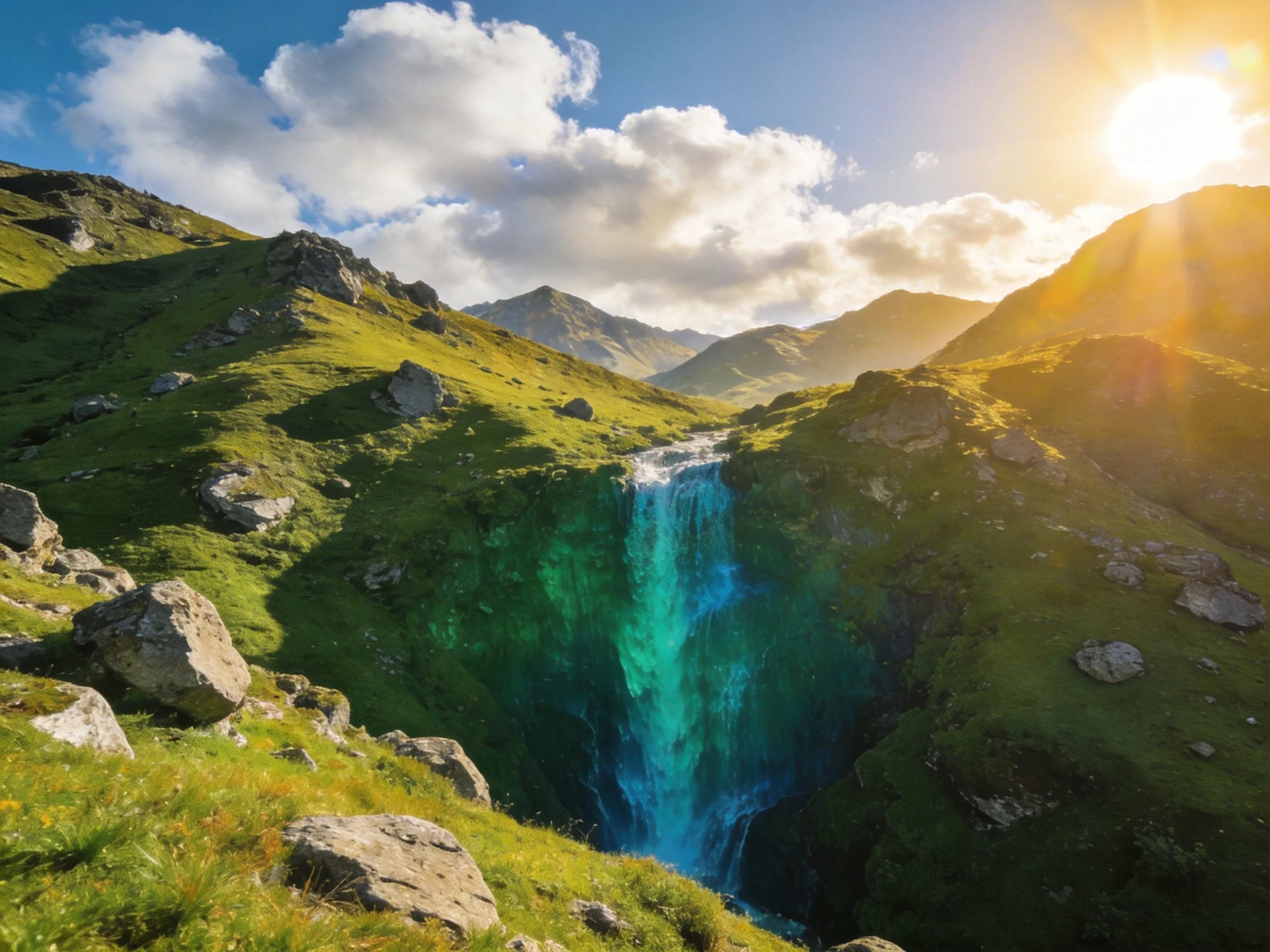 Turquoise waterfall amidst lush green mountains under bright sunlight