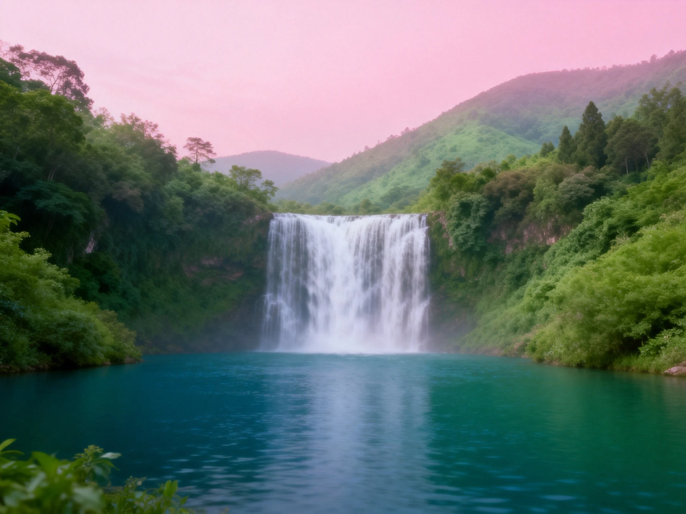 Turquoise waterfall cascades into emerald pool near green mountainous landscape