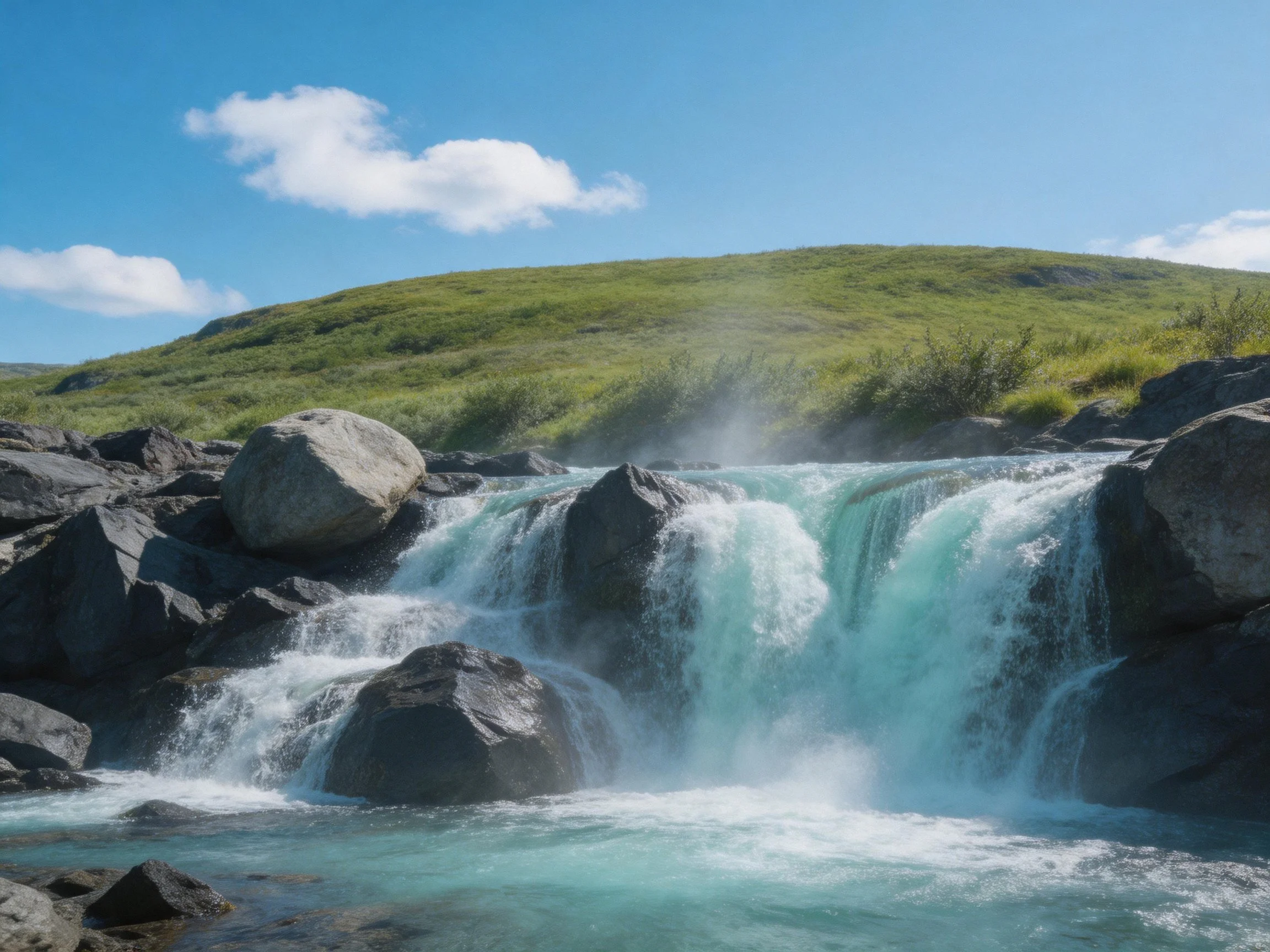 Turquoise waterfall cascades over dark rocks near lush green hillside
