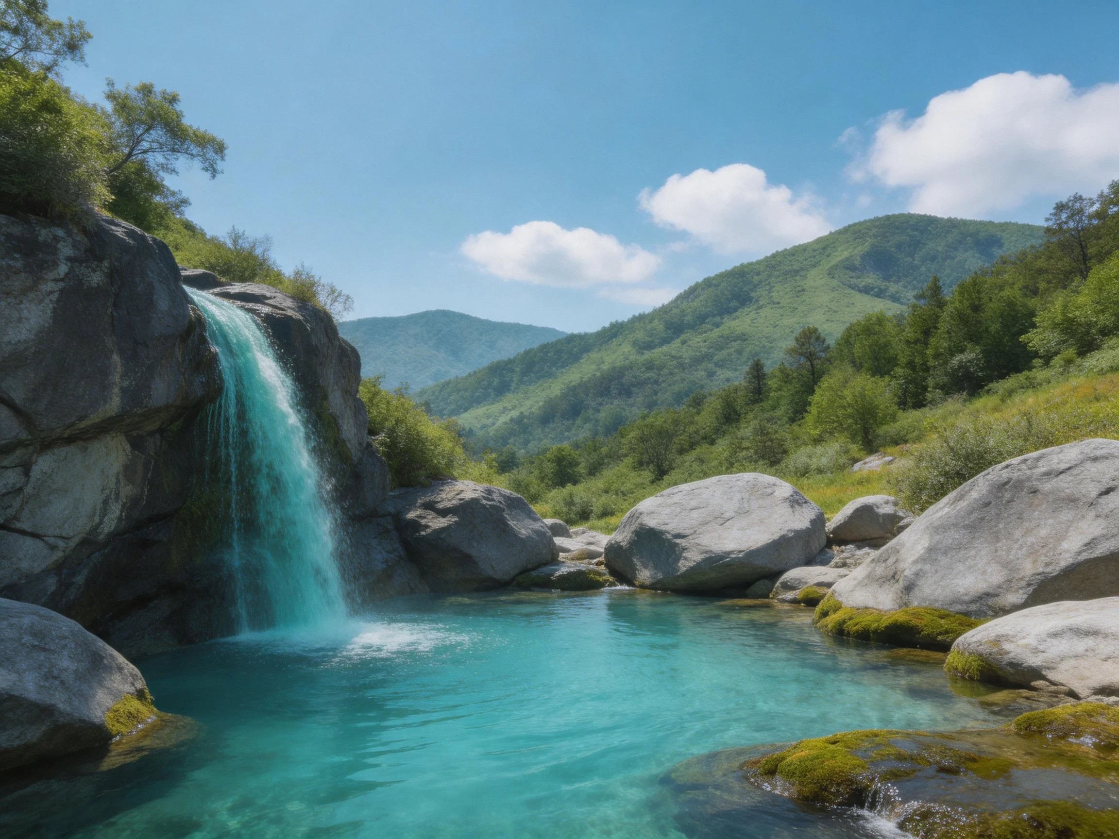 Turquoise waterfall cascades over rocks into a clear pool beside green hills