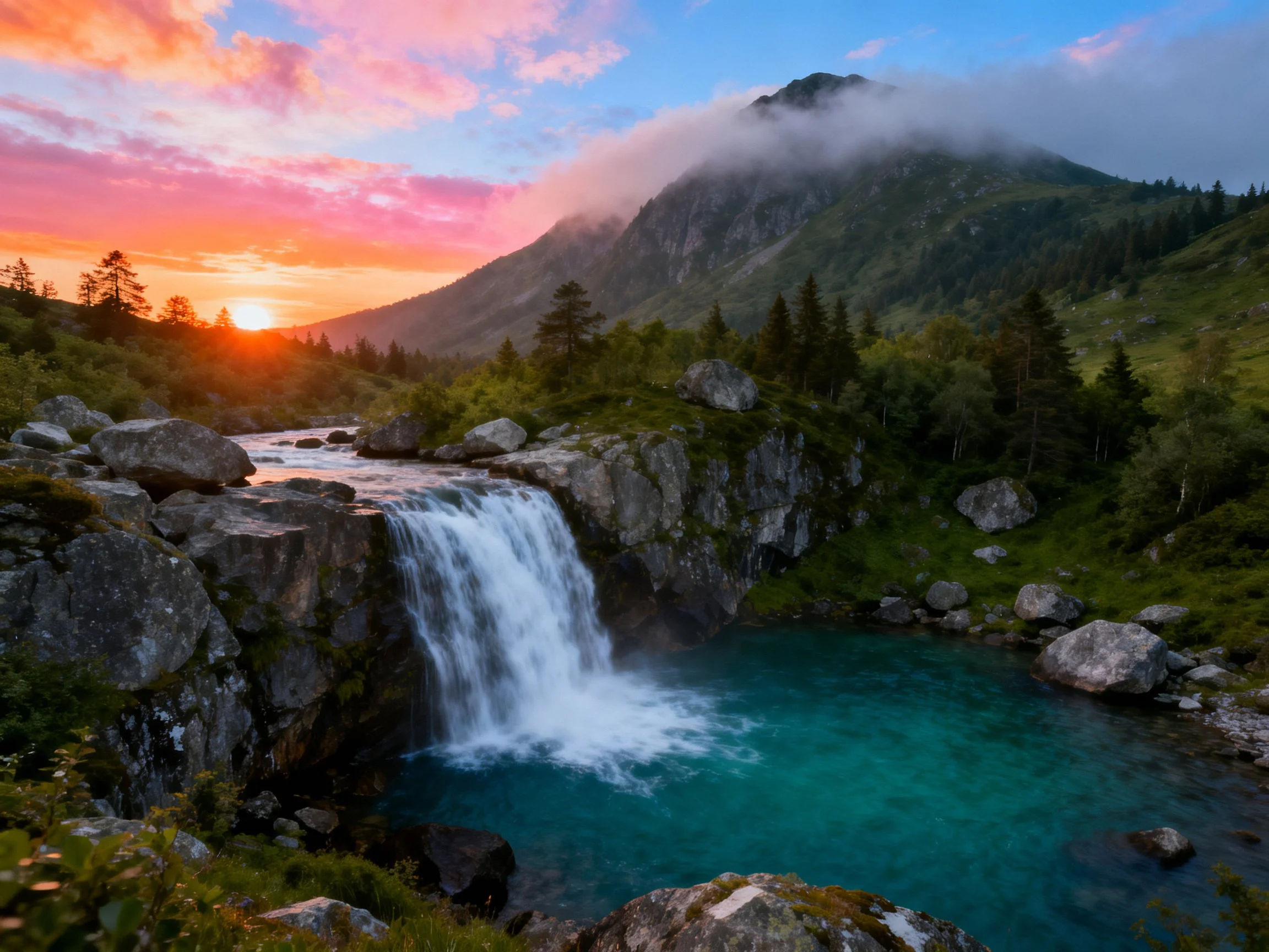 Turquoise waterfall cascades over rocky terrain near mist-shrouded mountain sunset