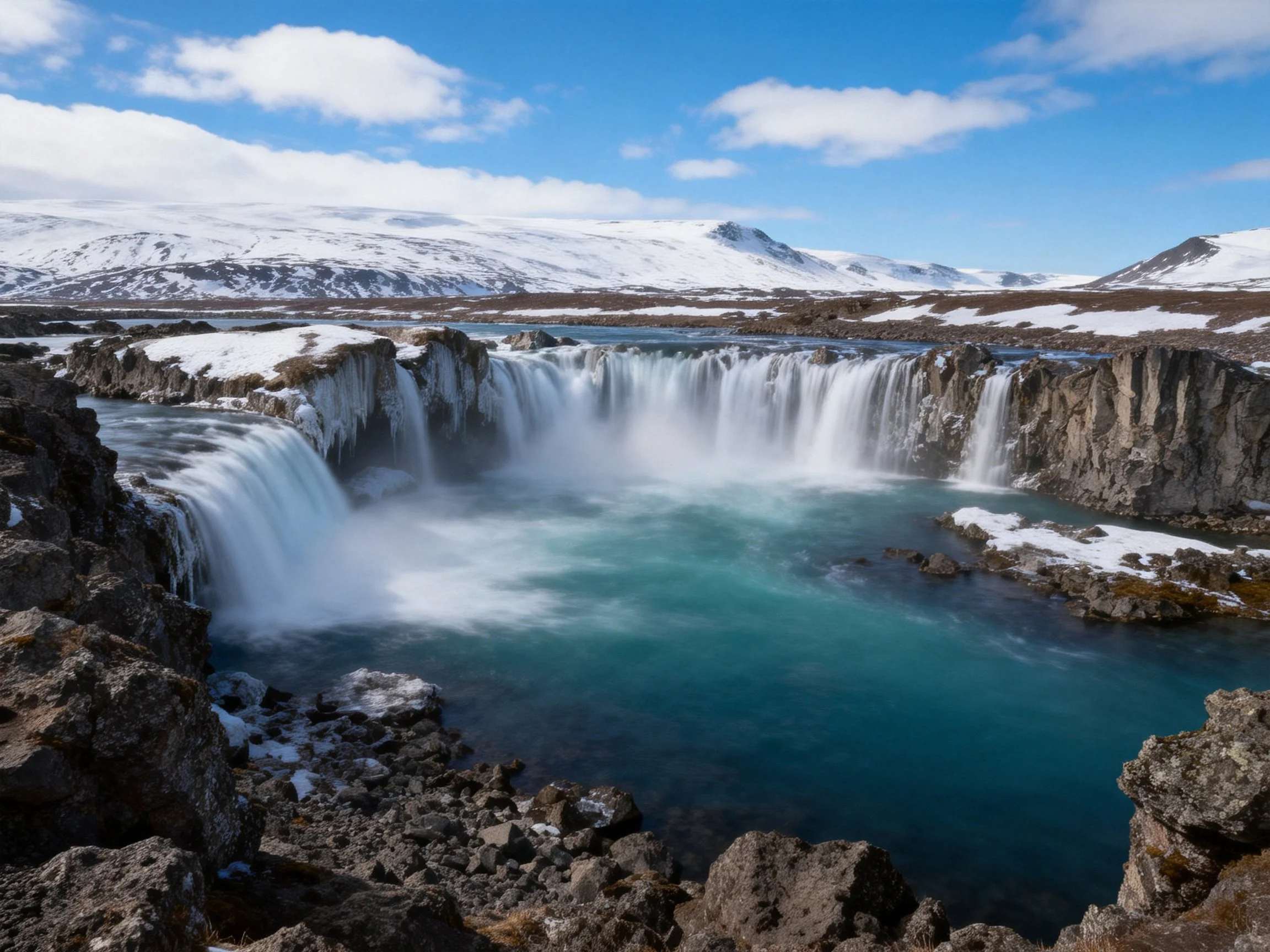 Turquoise waterfall spills over rocky cliffs near snow-draped mountains
