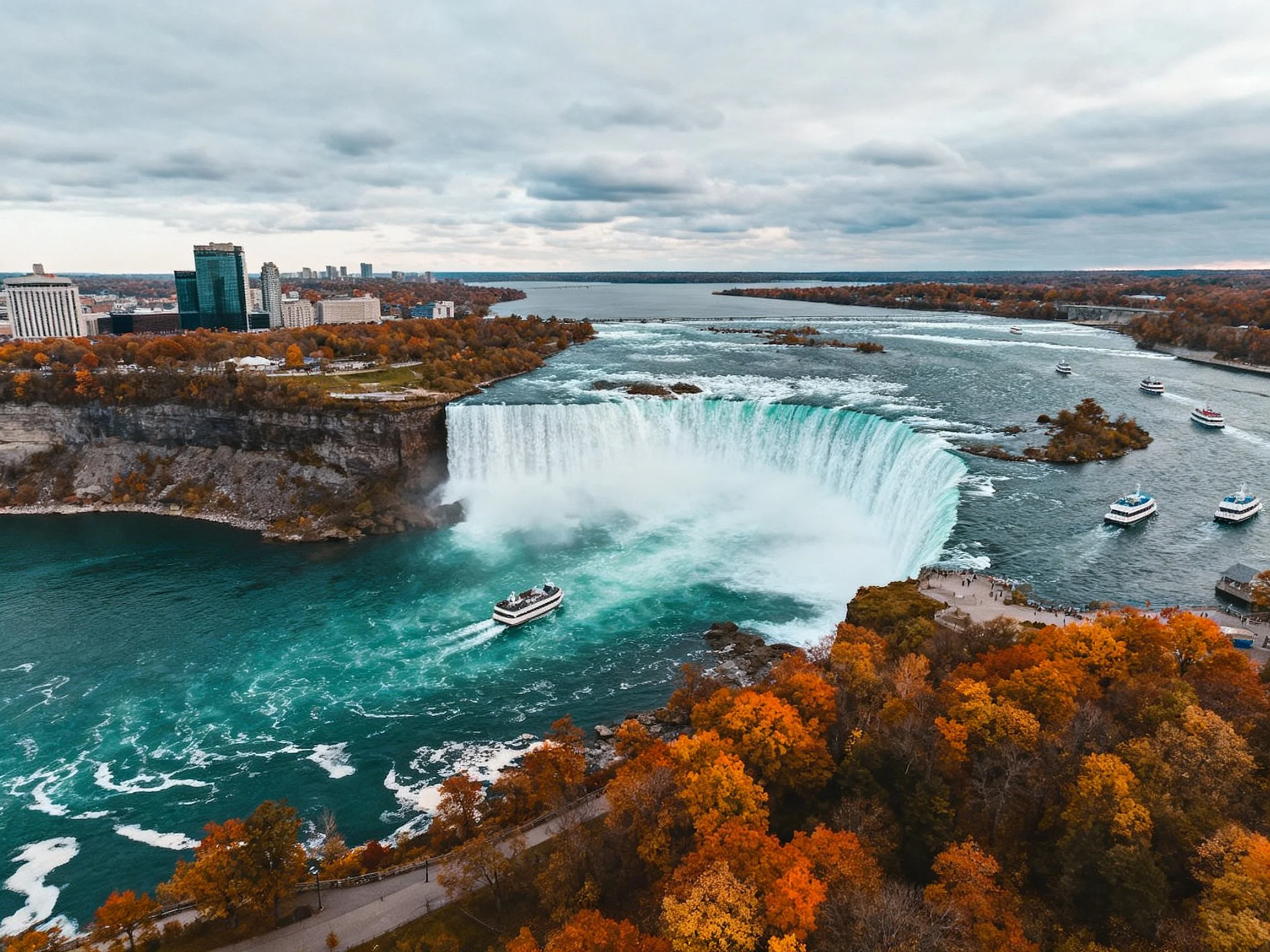 Turquoise waterfall with tour boats and autumn scenery