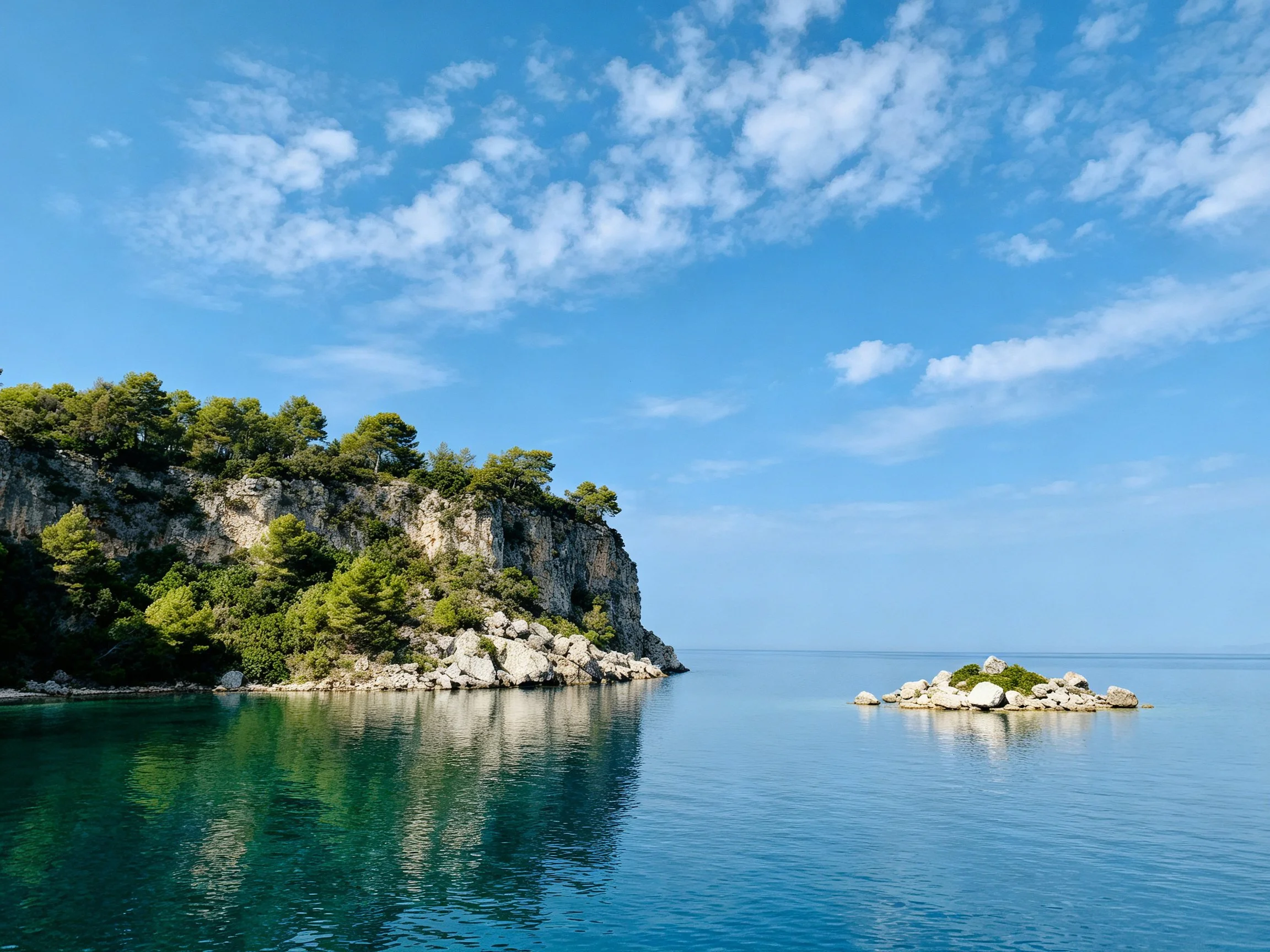 Turquoise waters beside a forested cliff with a rocky islet