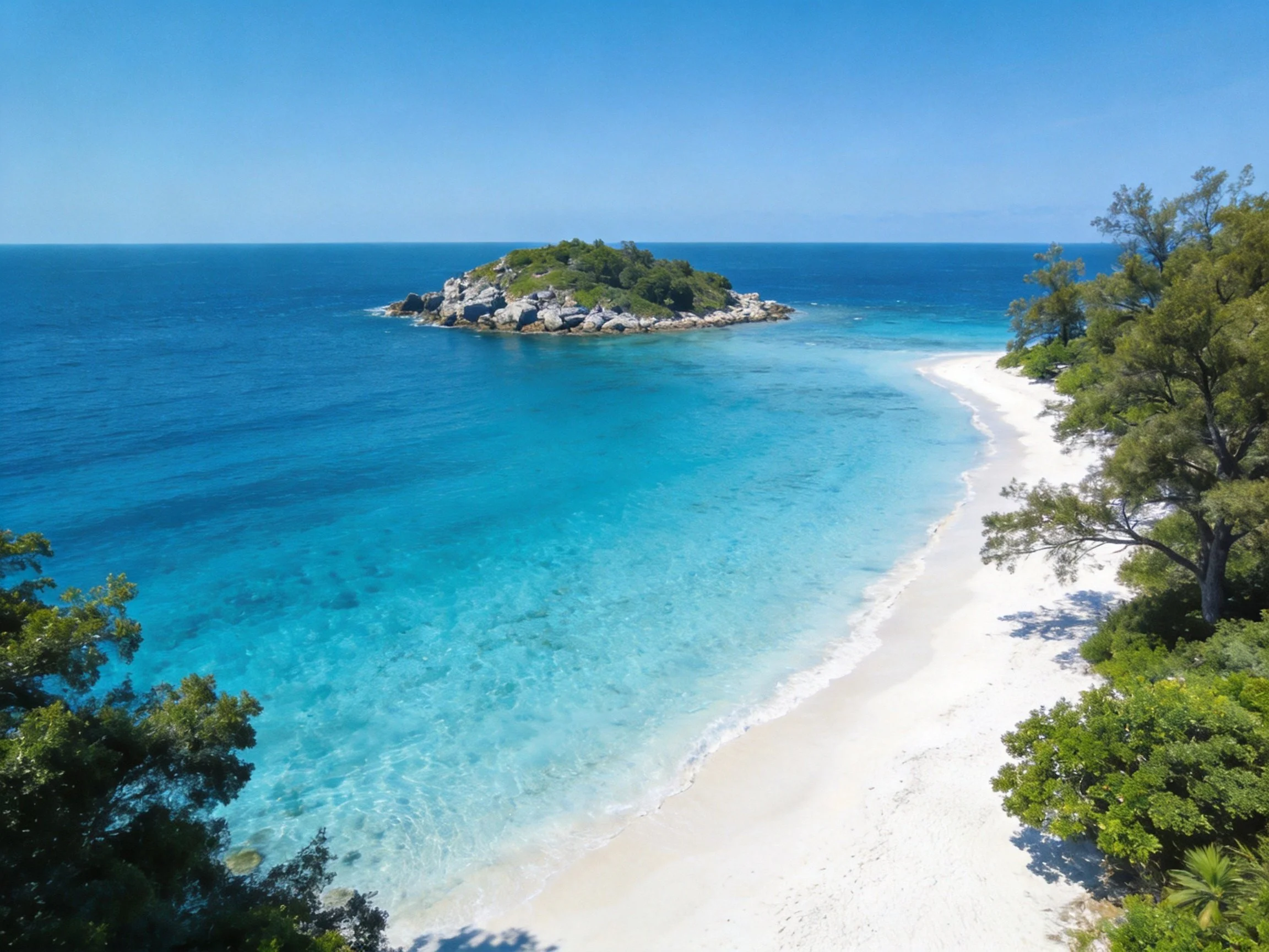 Turquoise waters encircle a rocky island beside pristine white sand