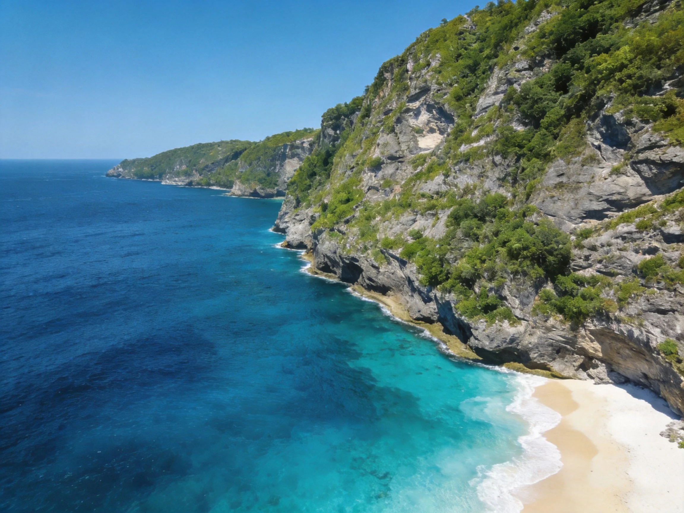 Turquoise waters meet rocky cliffs beside a sandy shore