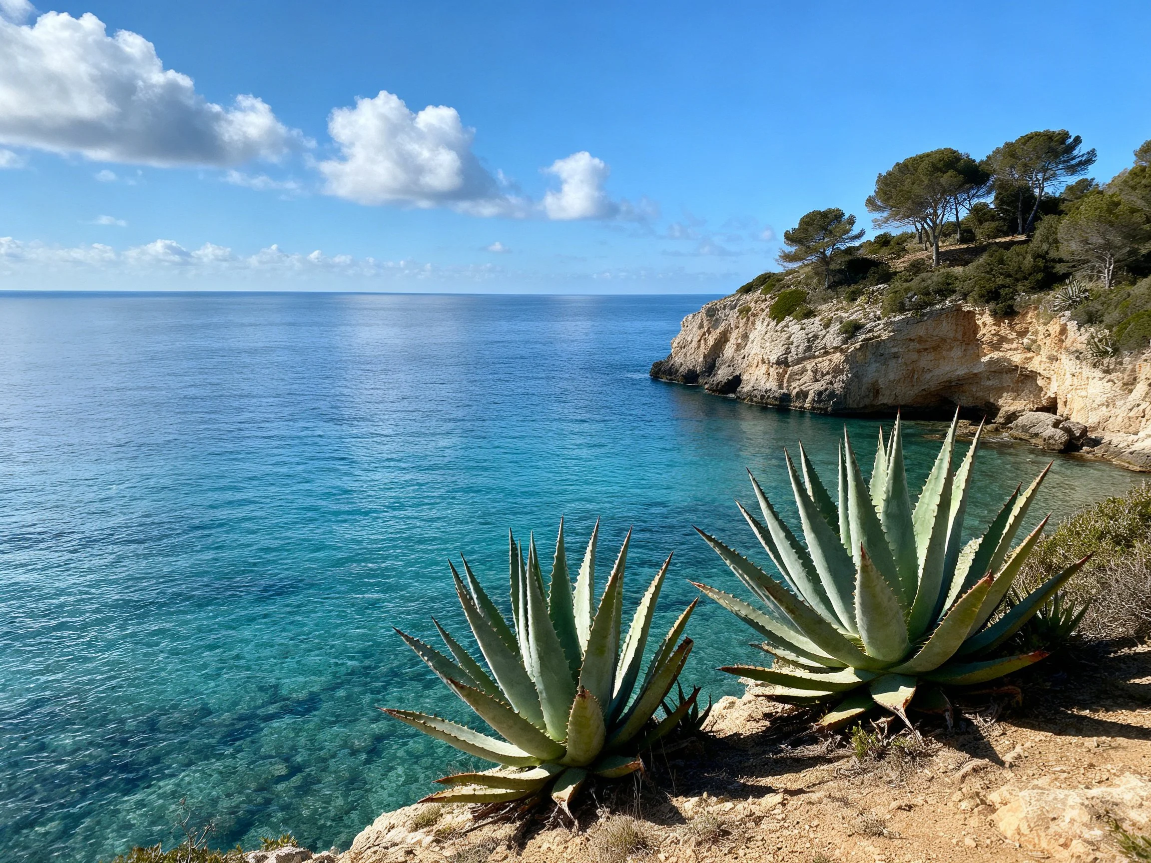 Turquoise waters meet rocky cliffs with agave plants and pine trees