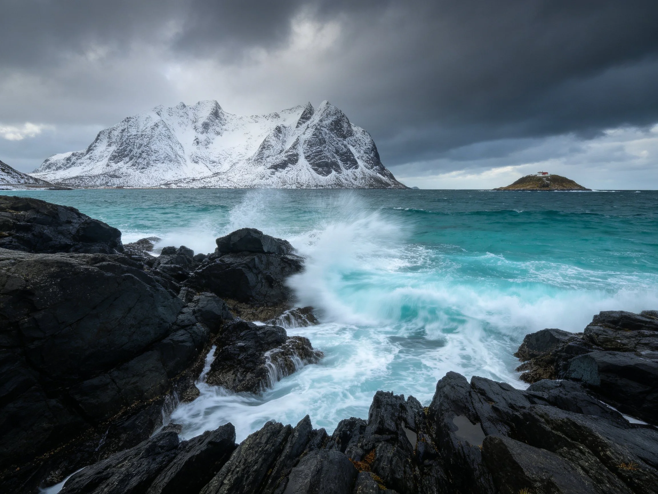 Turquoise waves crash against dark rocky shores near snow - capped mountains