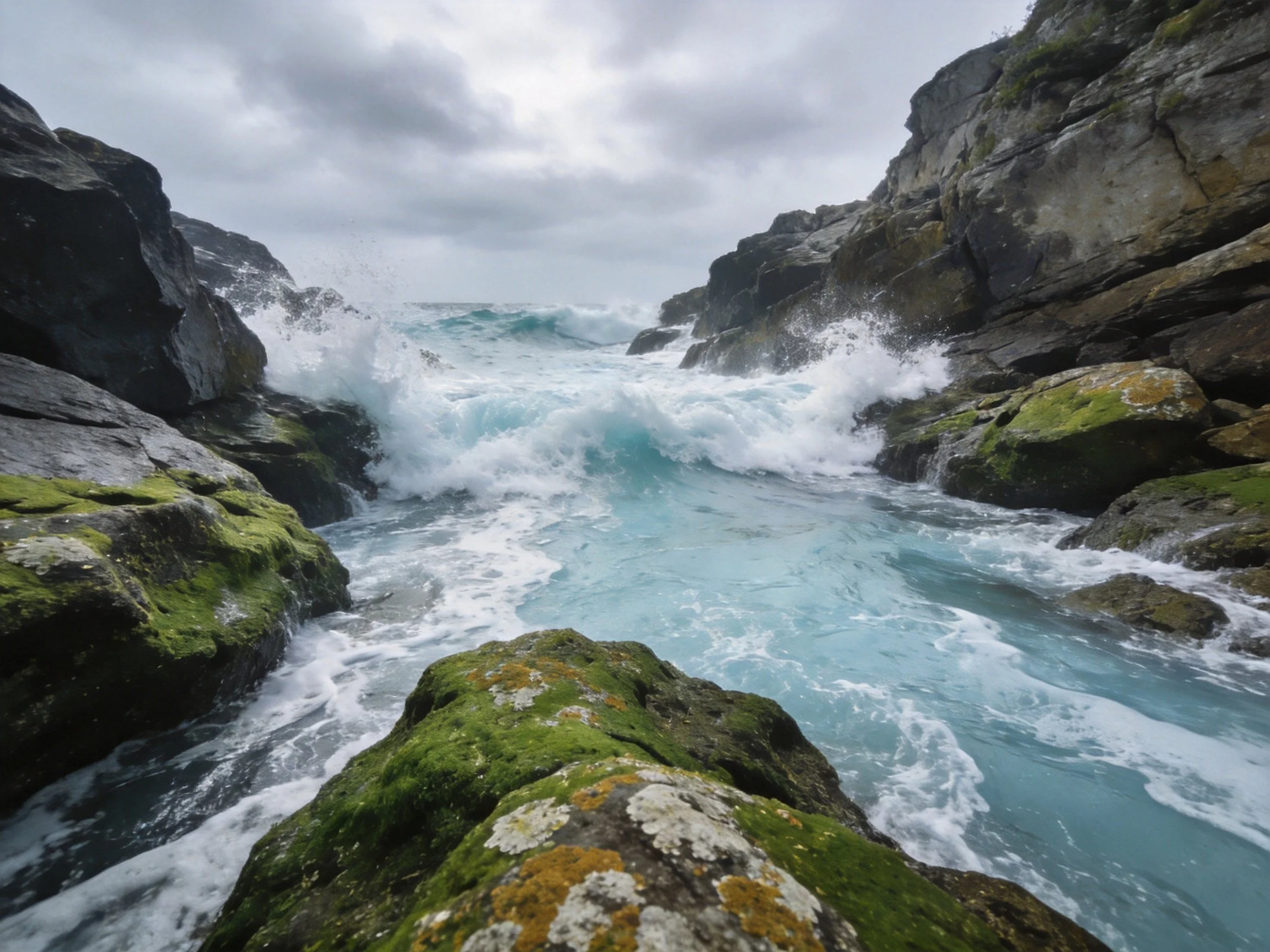 Turquoise waves crash against moss-covered rocky cliffs under overcast skies
