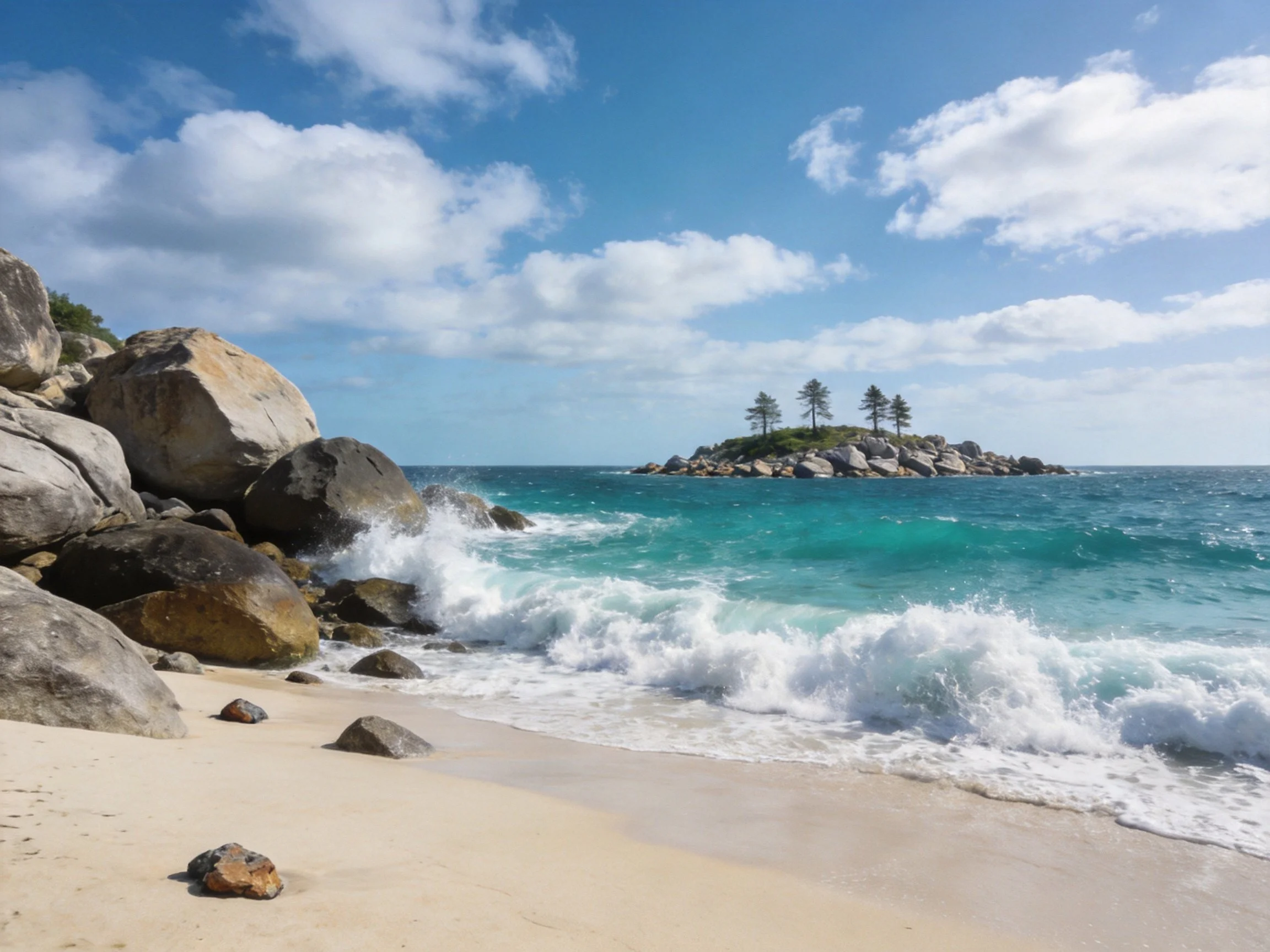 Turquoise waves crash against rocky shores near a small tree-covered island
