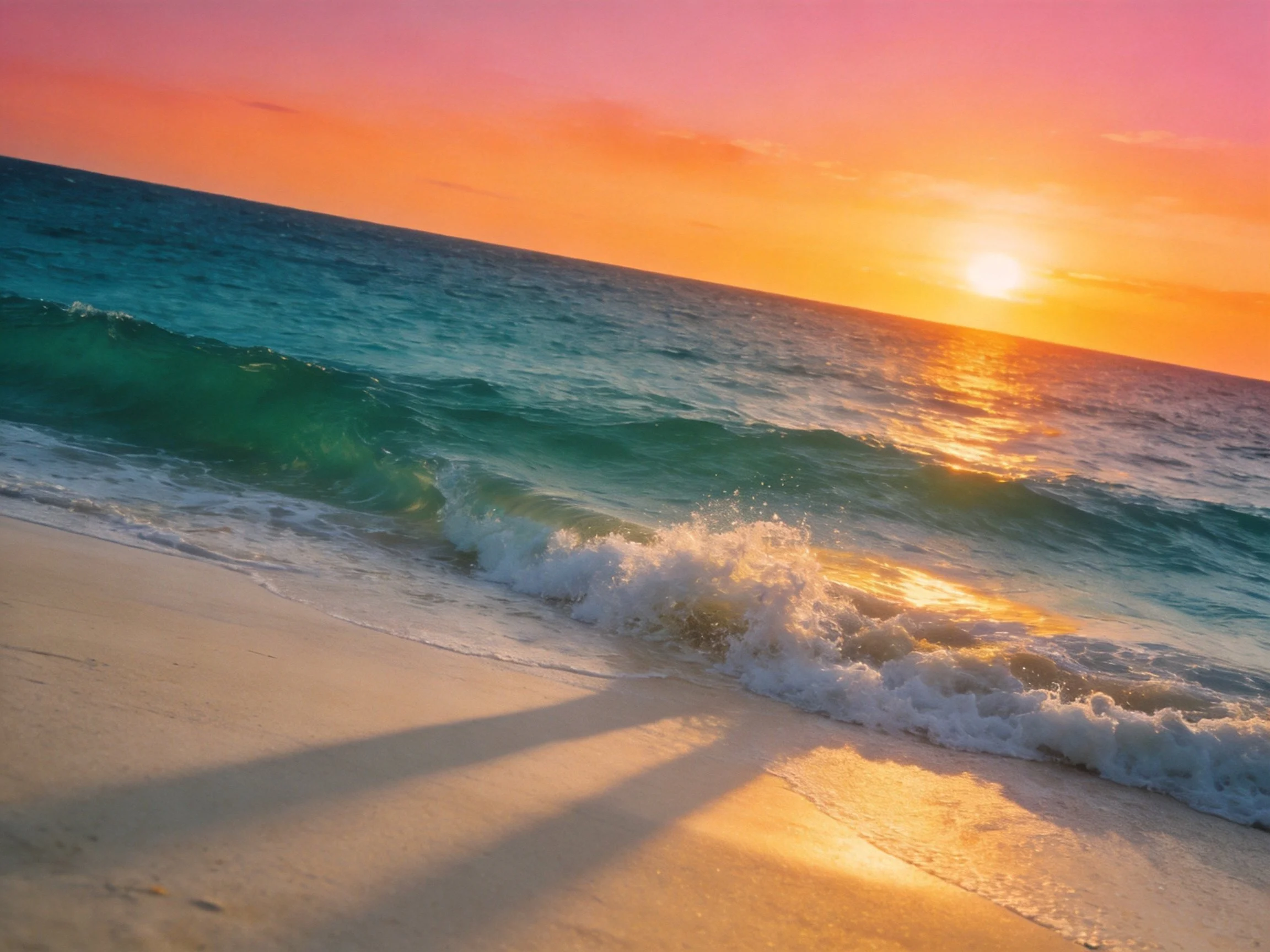 Turquoise waves crash on sandy shore under vibrant orange sunset