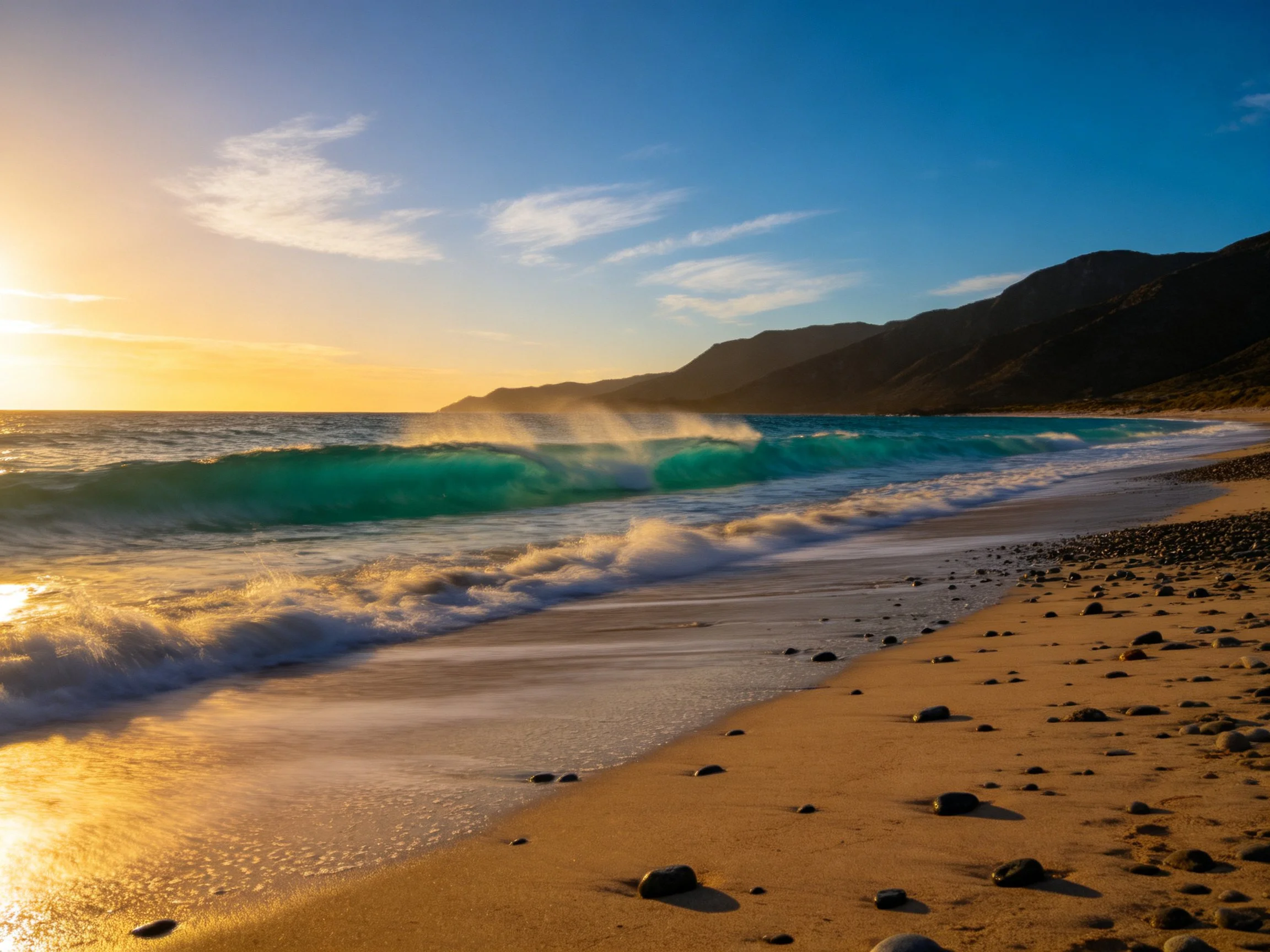 Turquoise waves crash on sandy shore with rocky coastline and golden sunset