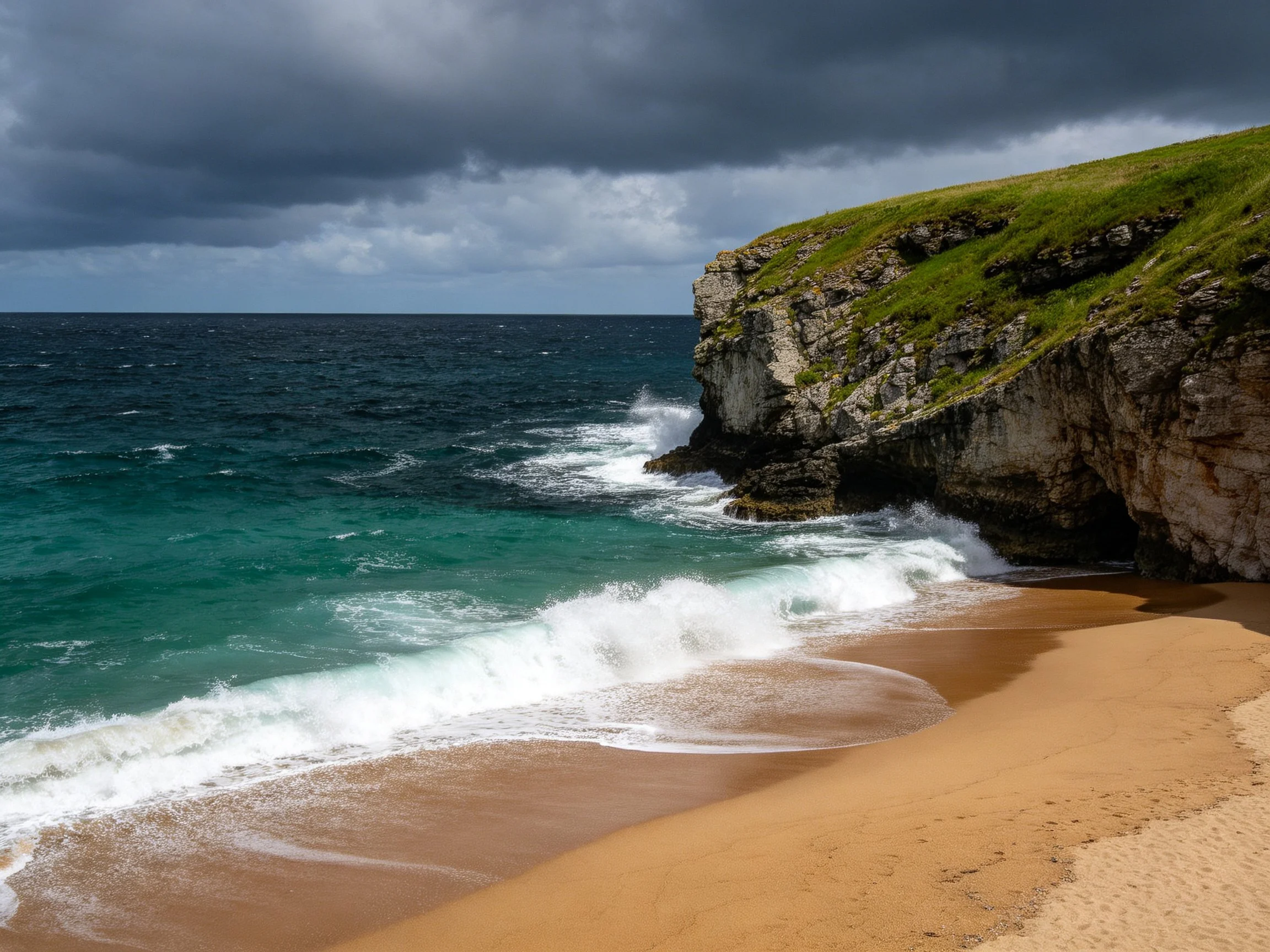 Turquoise waves crash onto a sandy cliffside beach under dark storm clouds
