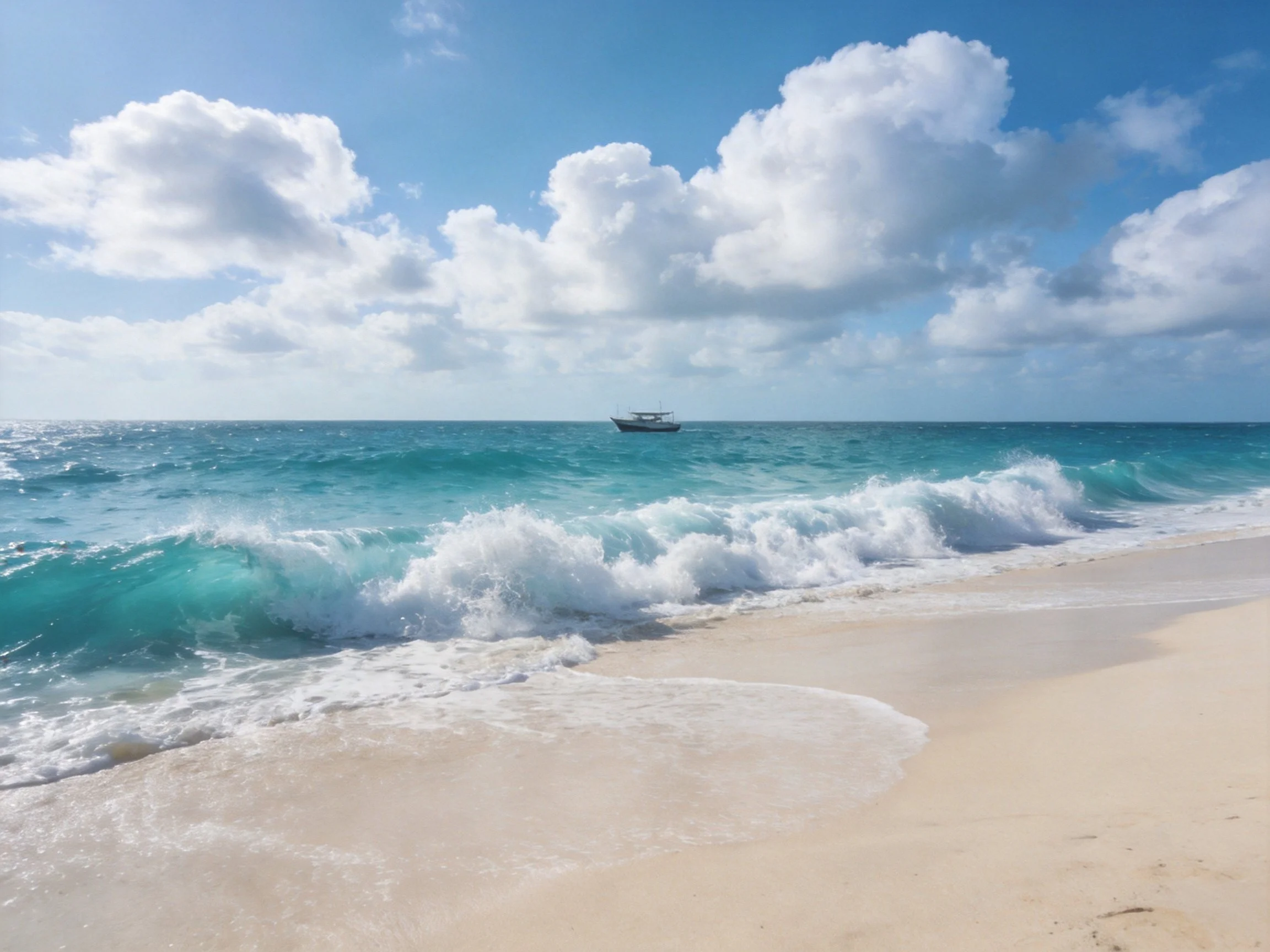 Turquoise waves crash onto a sandy shore with a distant boat