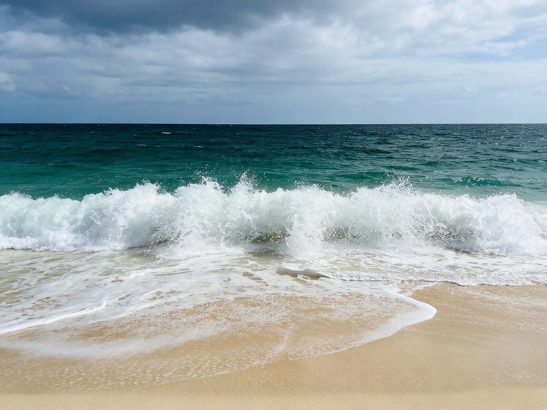 Turquoise waves crash onto golden sand under moody skies