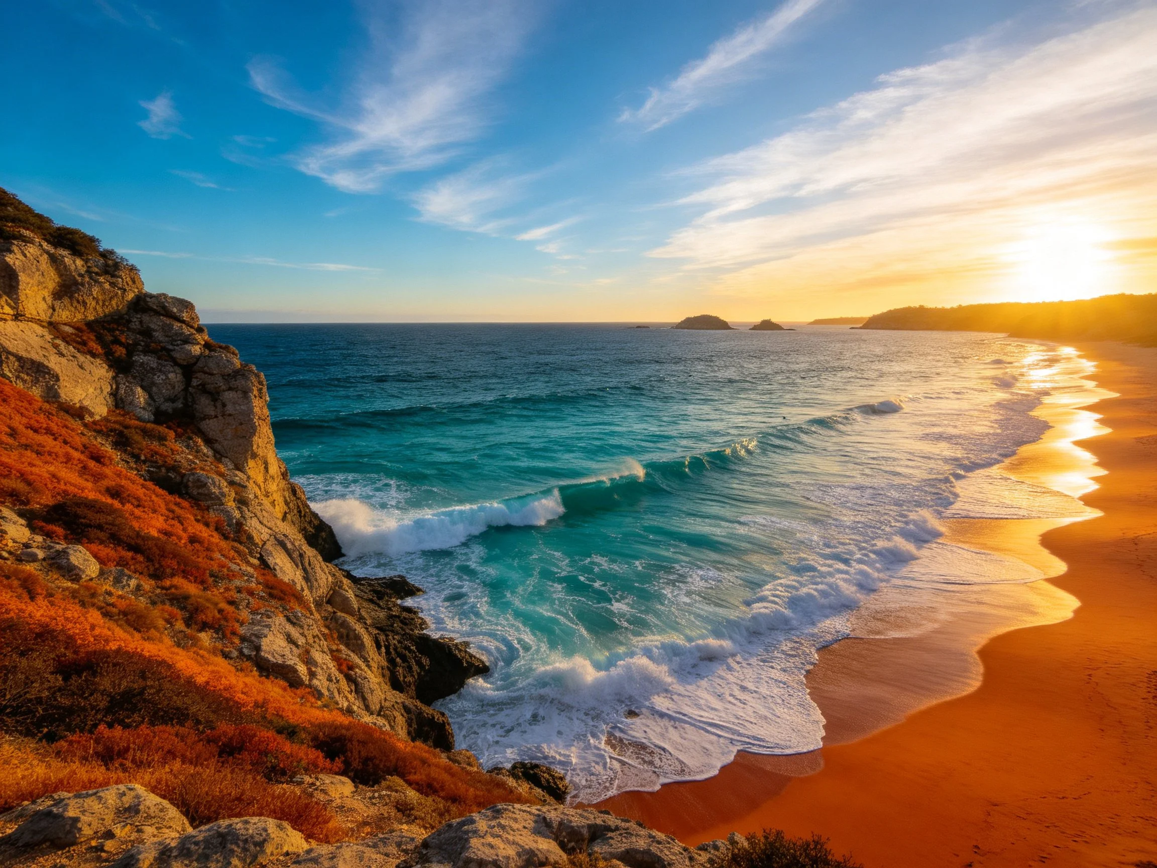 Turquoise waves crash onto golden sandy beach near rocky cliffs at sunset