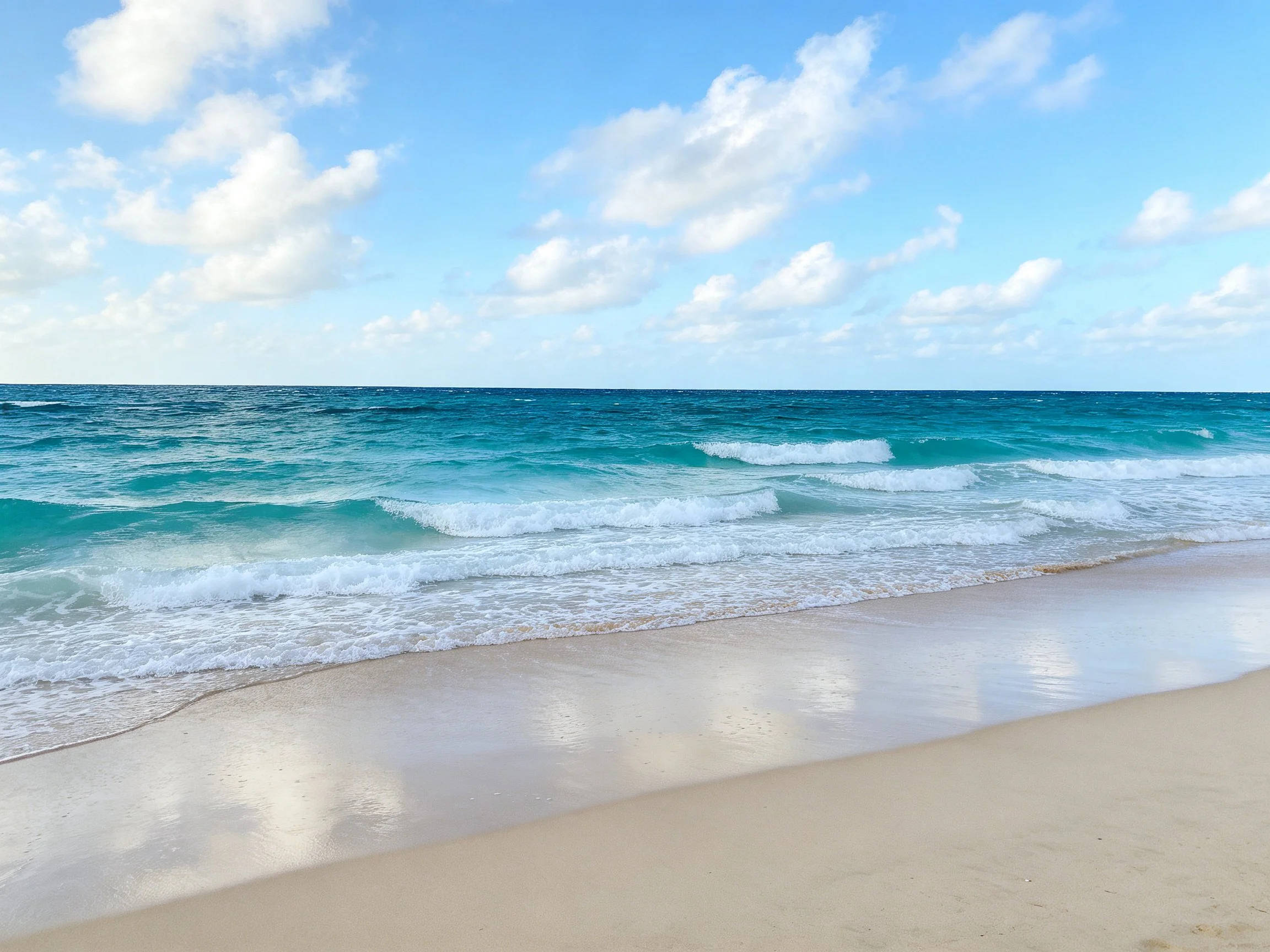 Turquoise waves crash onto white sandy beach under bright sky