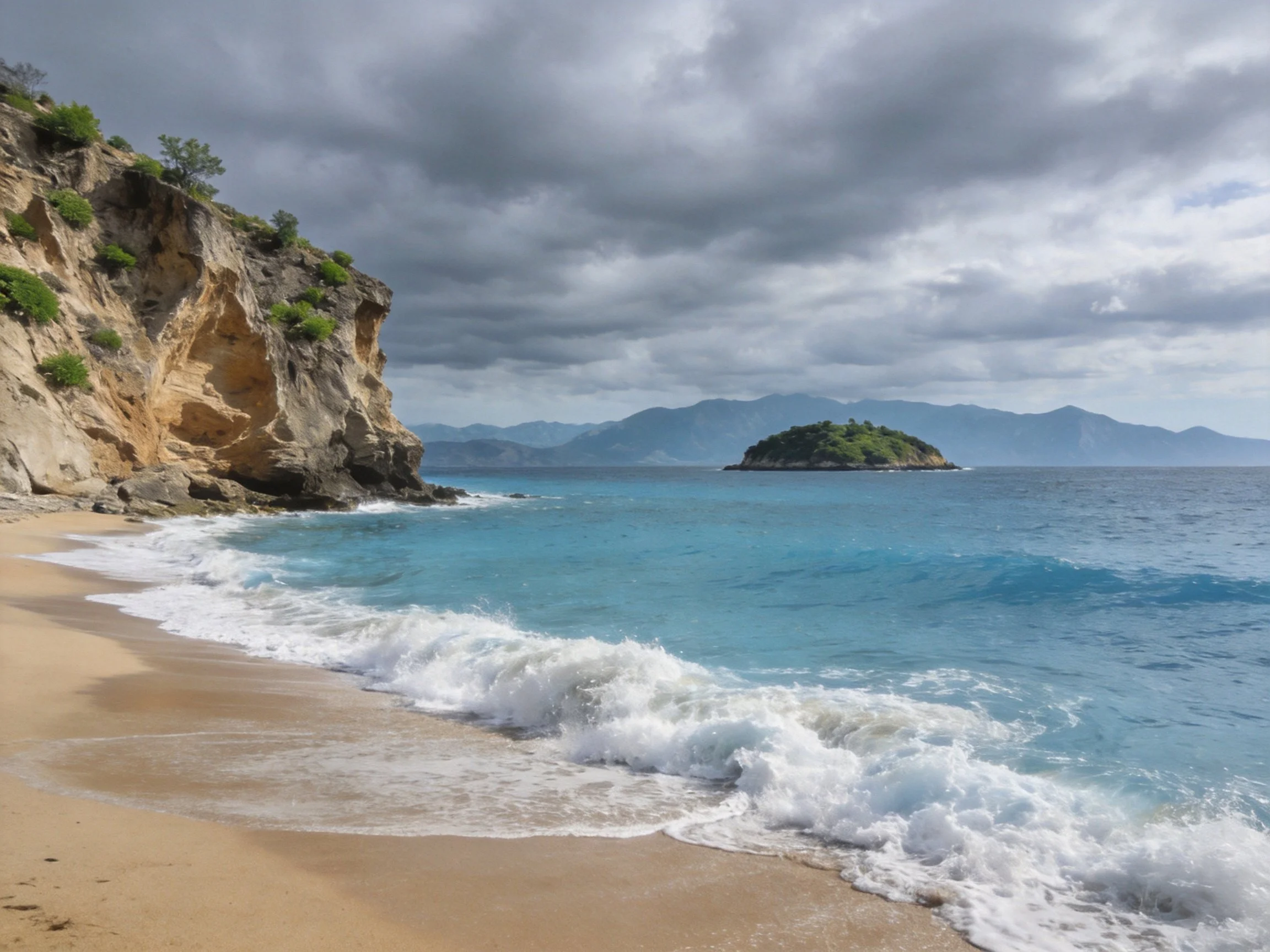 Turquoise waves lap sandy shore near rocky cliffs and small island