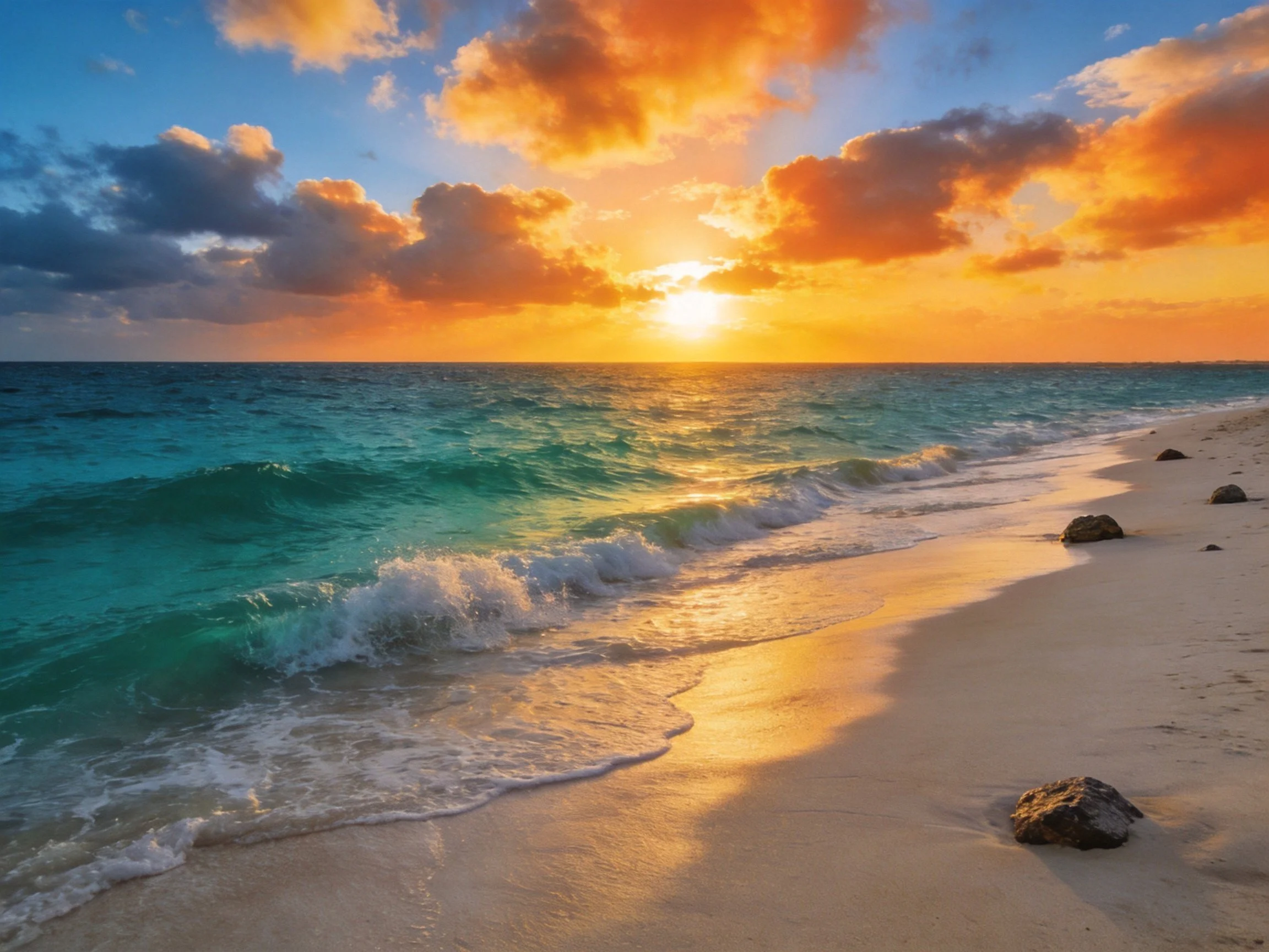 Turquoise waves meet golden sand under vibrant sunset skies.