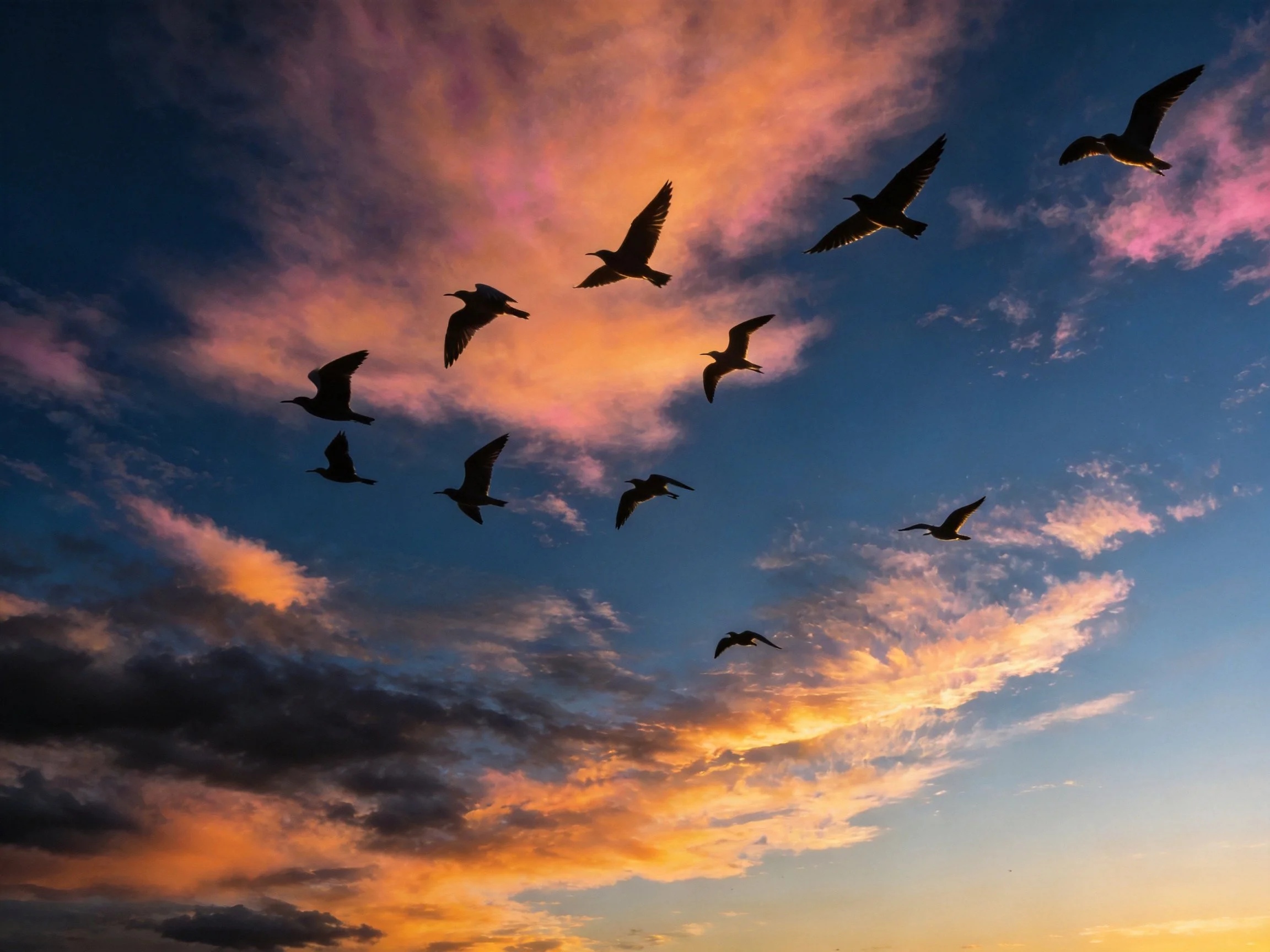Twelve birds silhouetted against colorful sunset sky